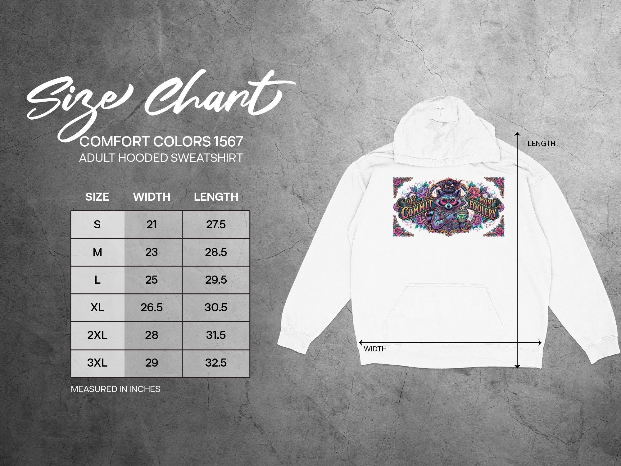 Comfort Colors 1567 adult hooded sweatshirt size chart with measurements.