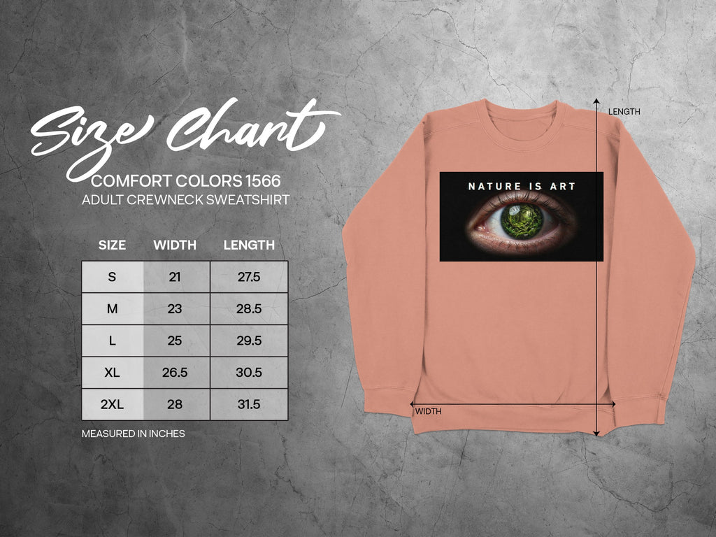 Comfort Colors 1566 adult crewneck sweatshirt size chart with eye graphic.