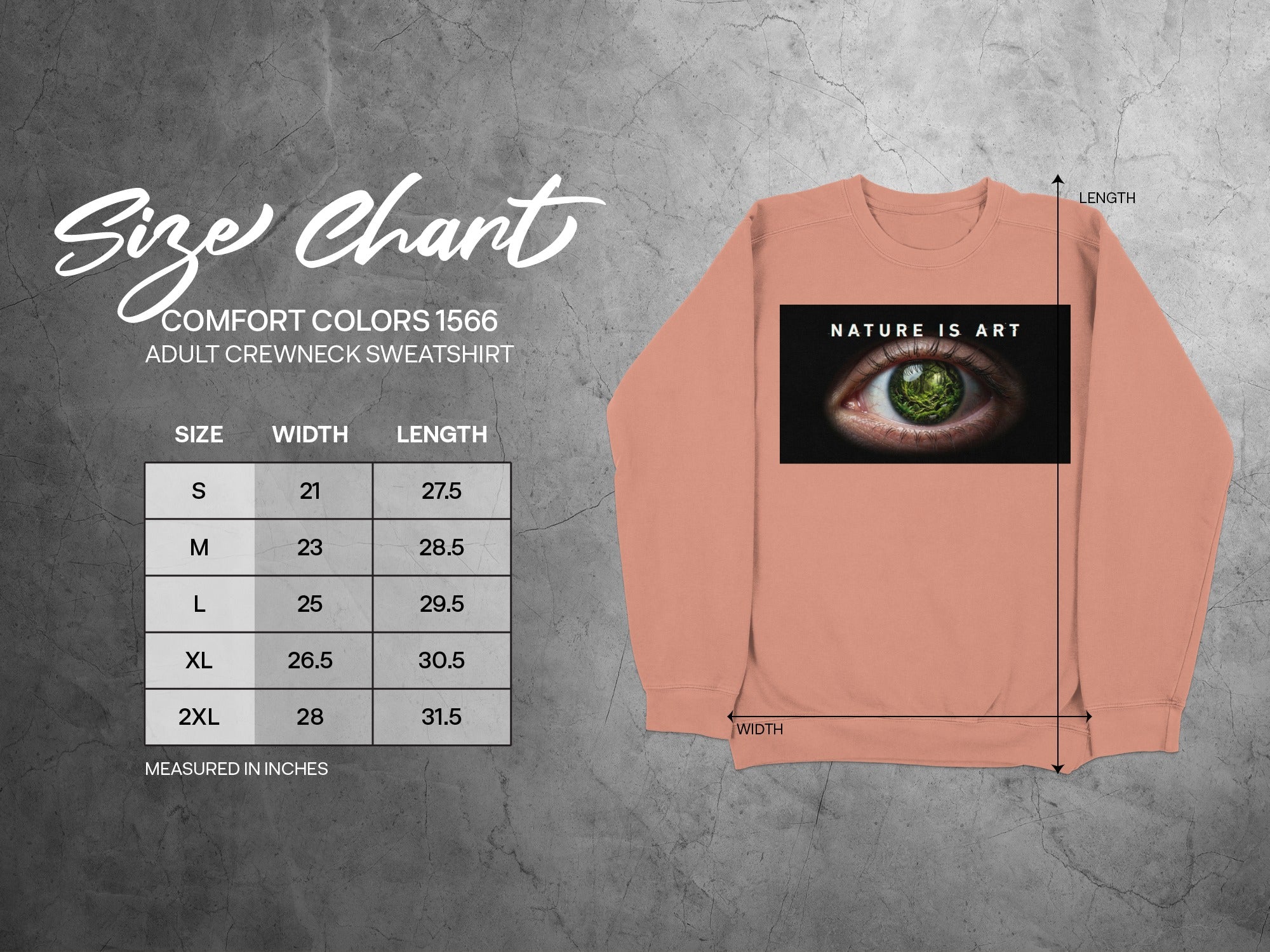 Comfort Colors 1566 adult crewneck sweatshirt size chart with eye graphic.