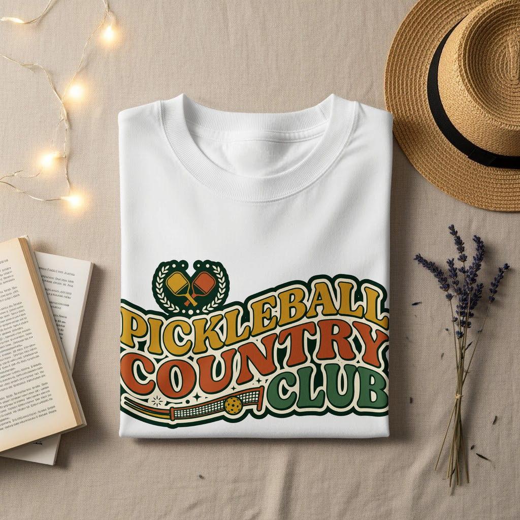 White t-shirt with "Pickleball Country Club" graphic, laid flat with hat and book.