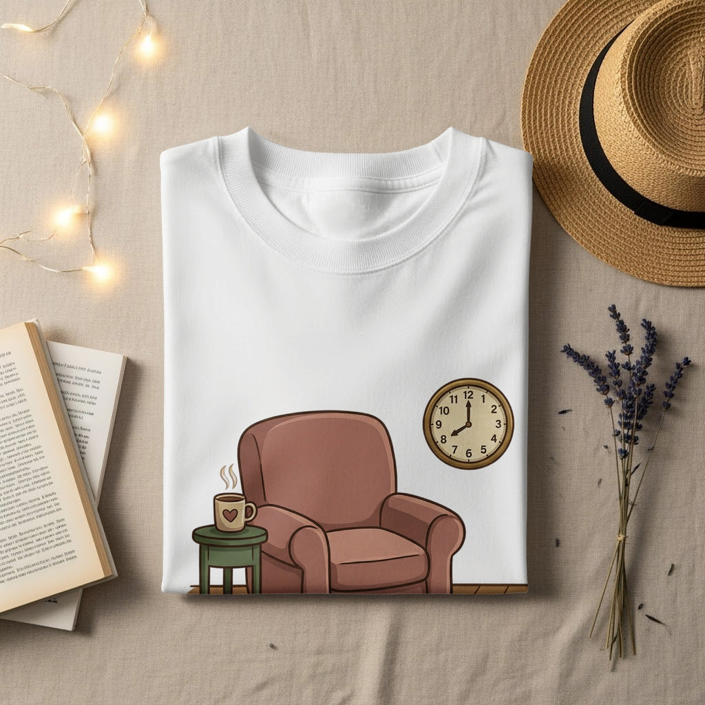White t-shirt with printed armchair, clock, and coffee cup.