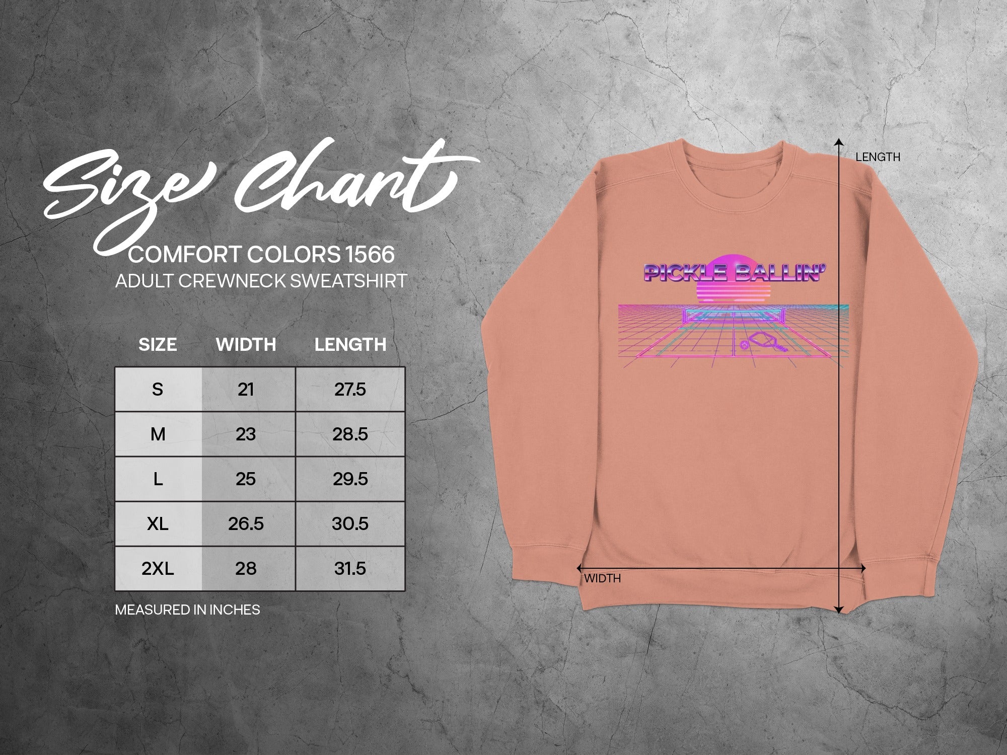 Comfort Colors 1566 adult sweatshirt size chart with measurements.