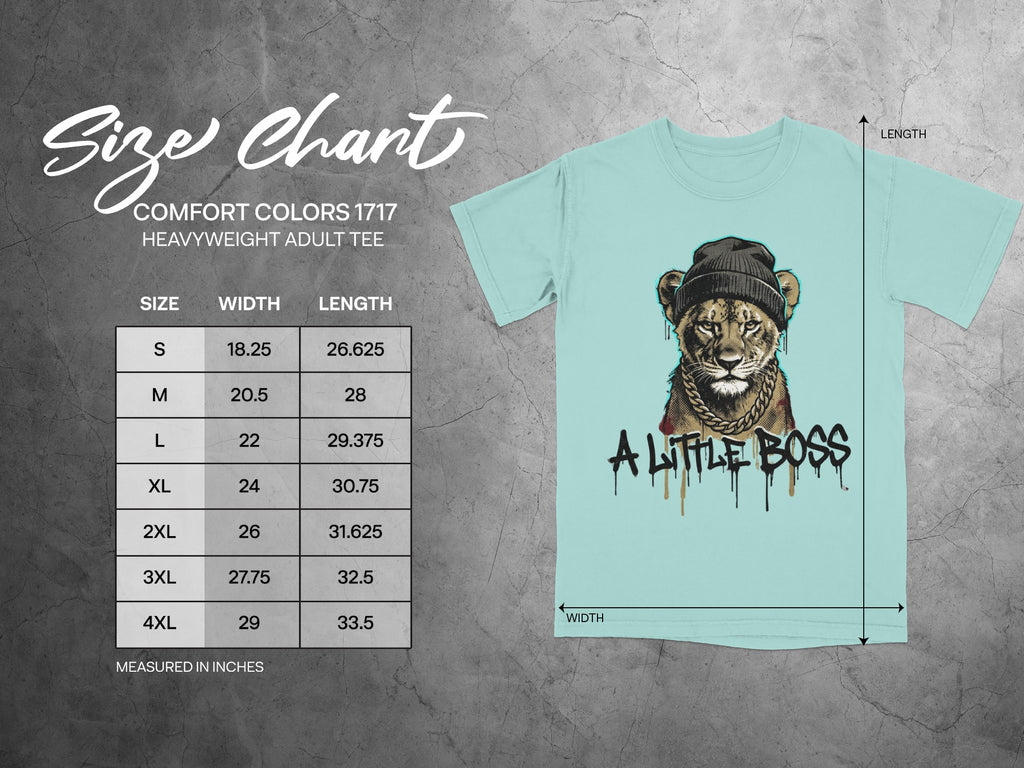 Size chart for Comfort Colors 1717 heavyweight adult tee with lion graphic.