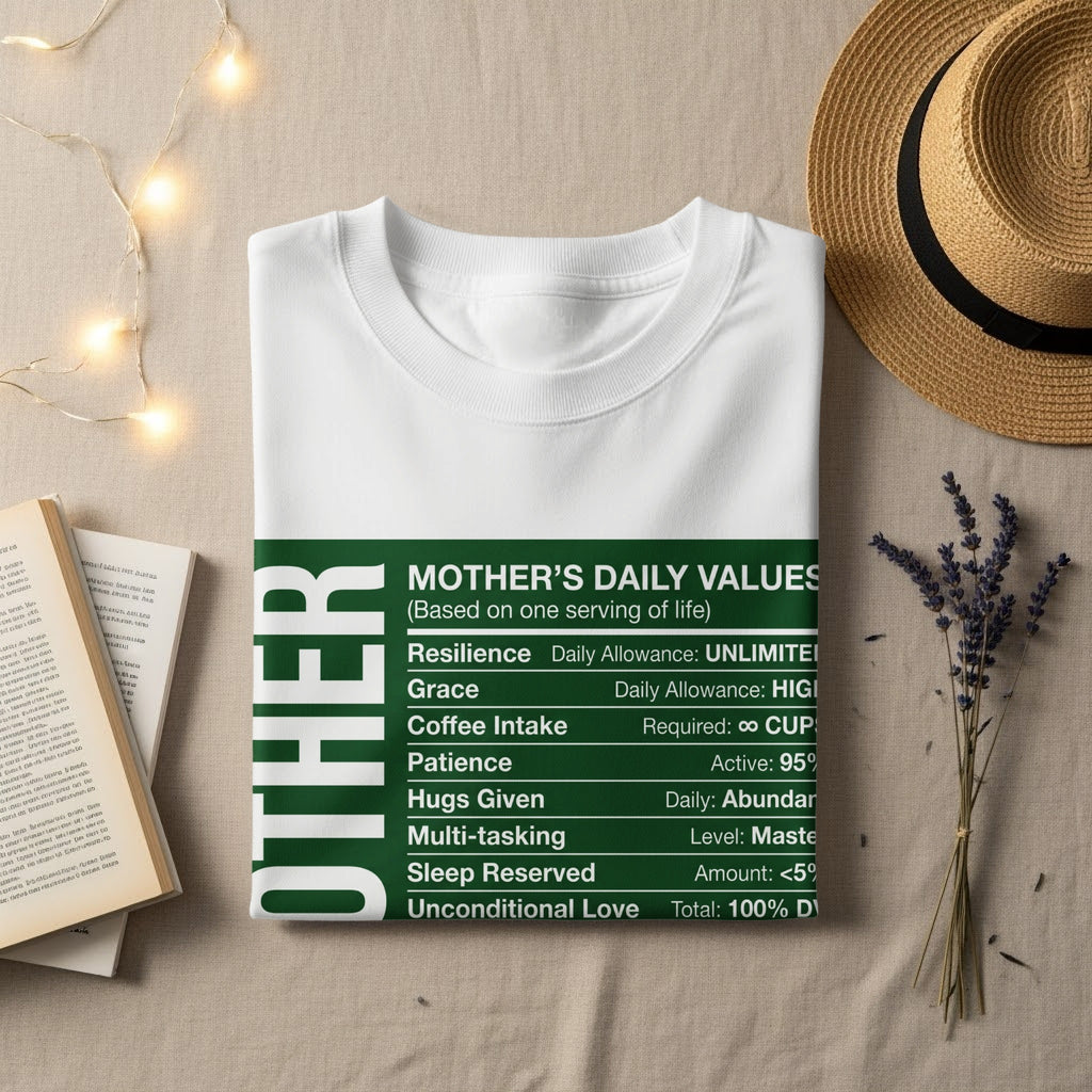 White t-shirt with "OTHER MOTHER'S DAILY VALUES" text and humorous ingredient list.
