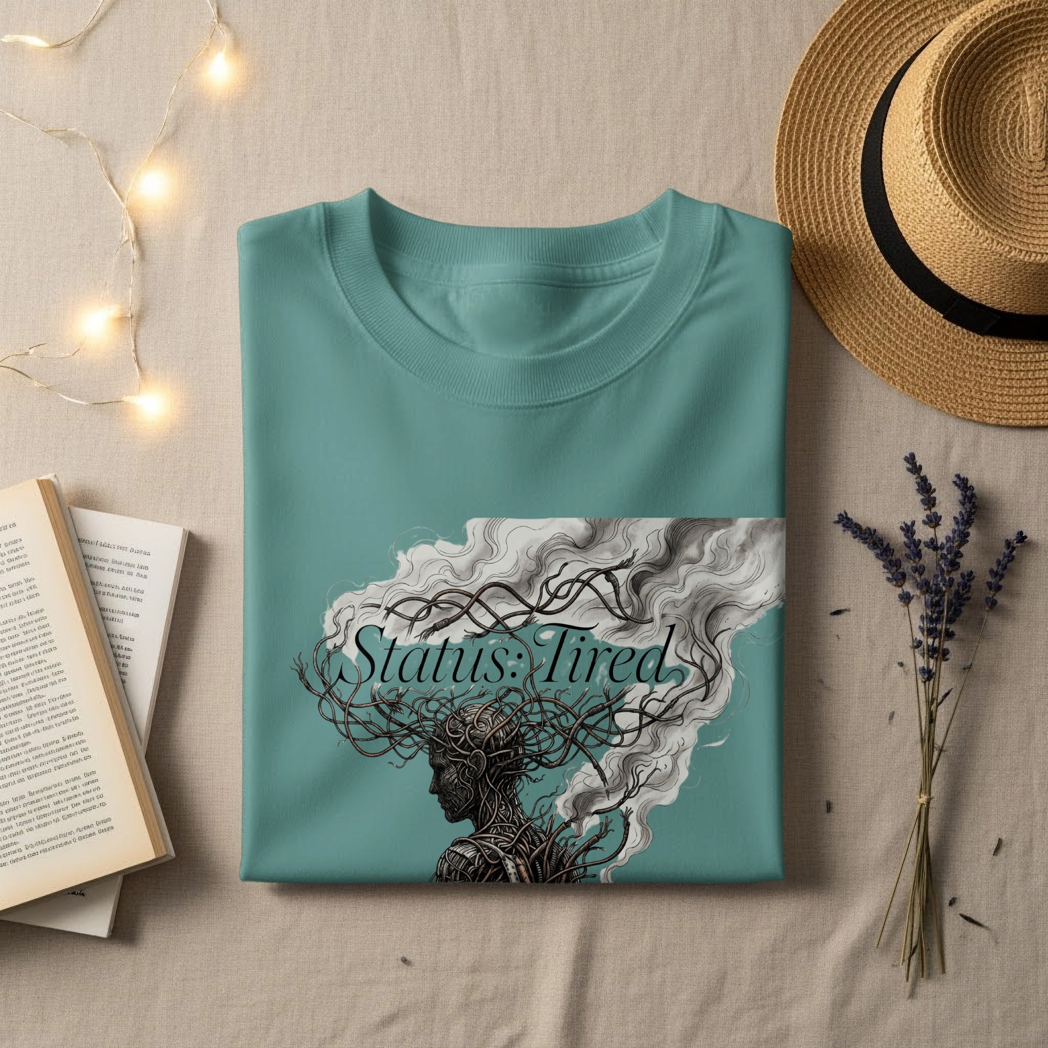 Teal t-shirt with "Status: Tired" text and intricate hair design.