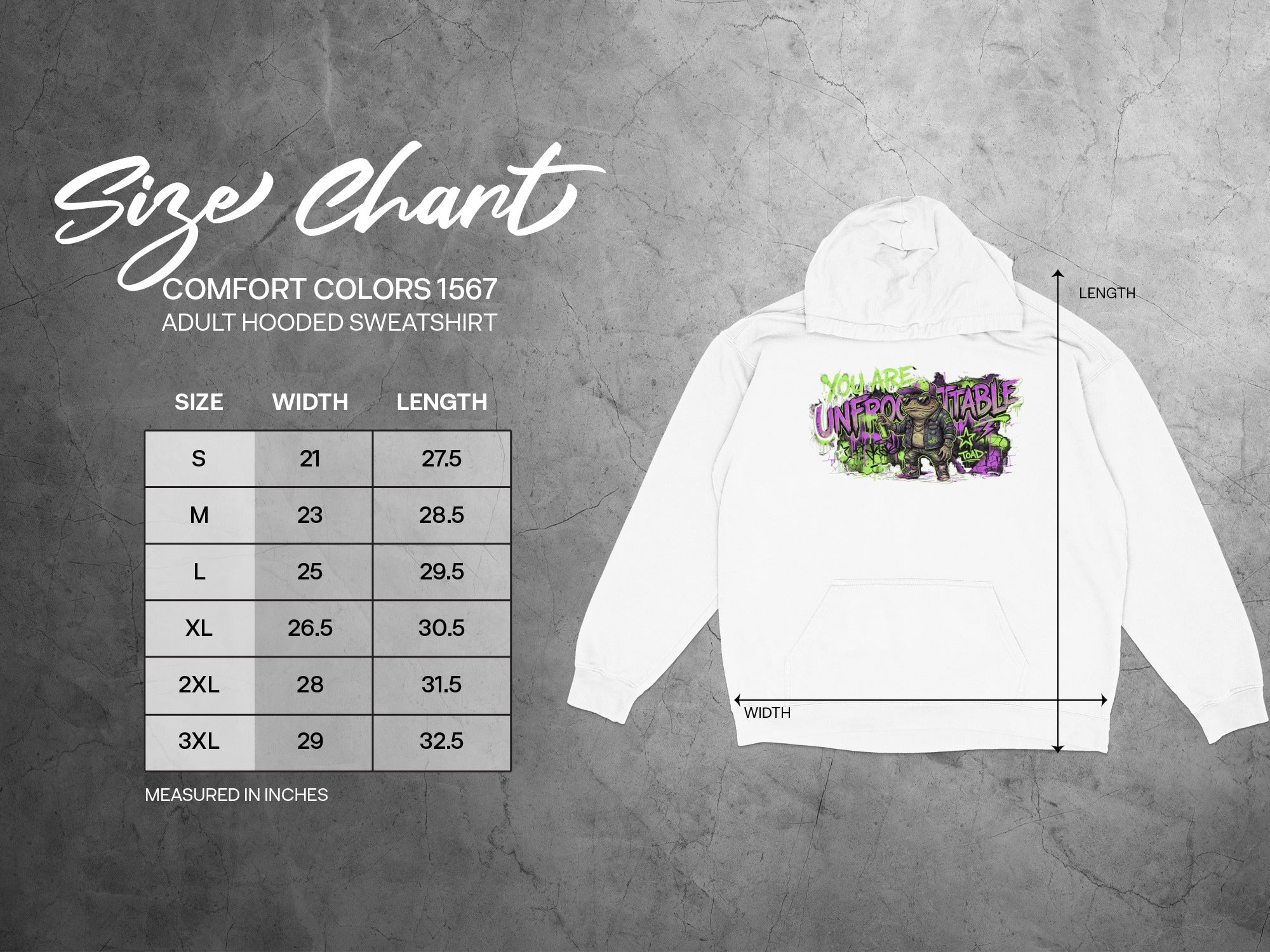Size chart for Comfort Colors 1567 adult hooded sweatshirt with measurements.