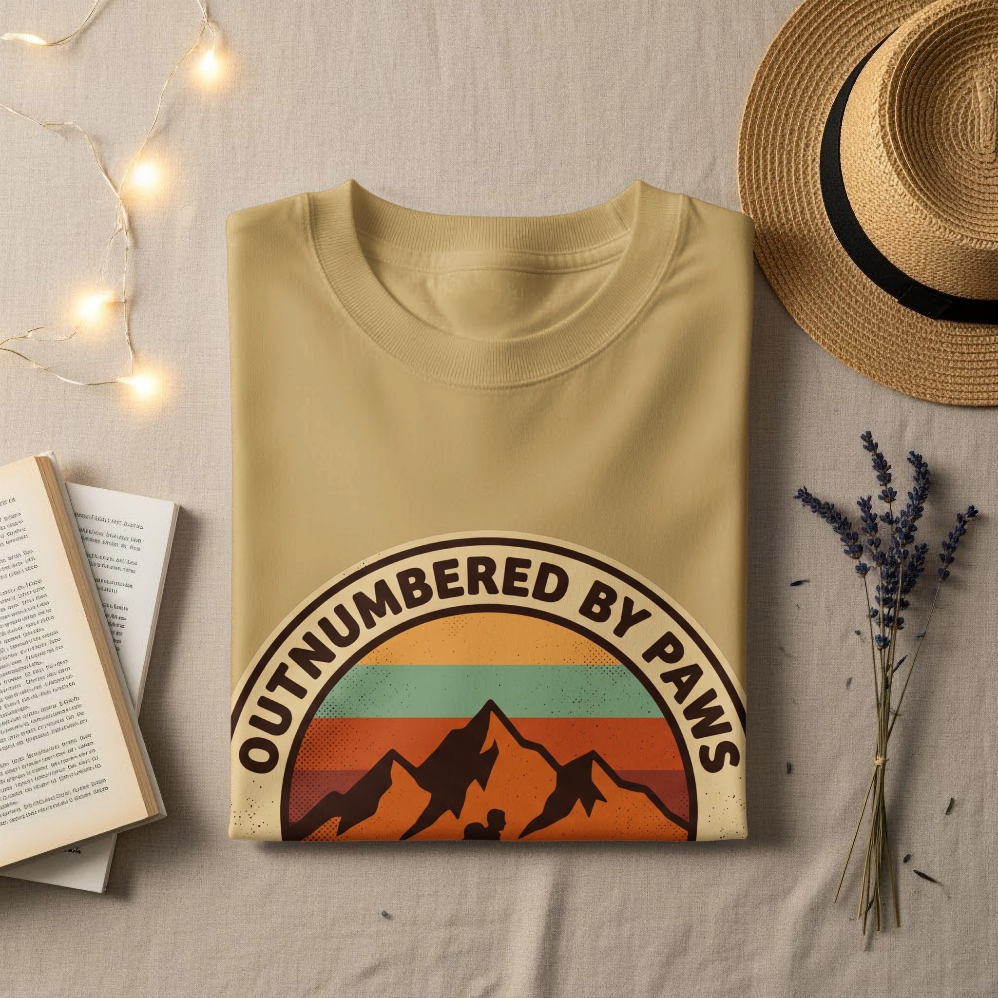 Tan t-shirt with "OUTNUMBERED BY PAWS" and mountain sunset graphic.