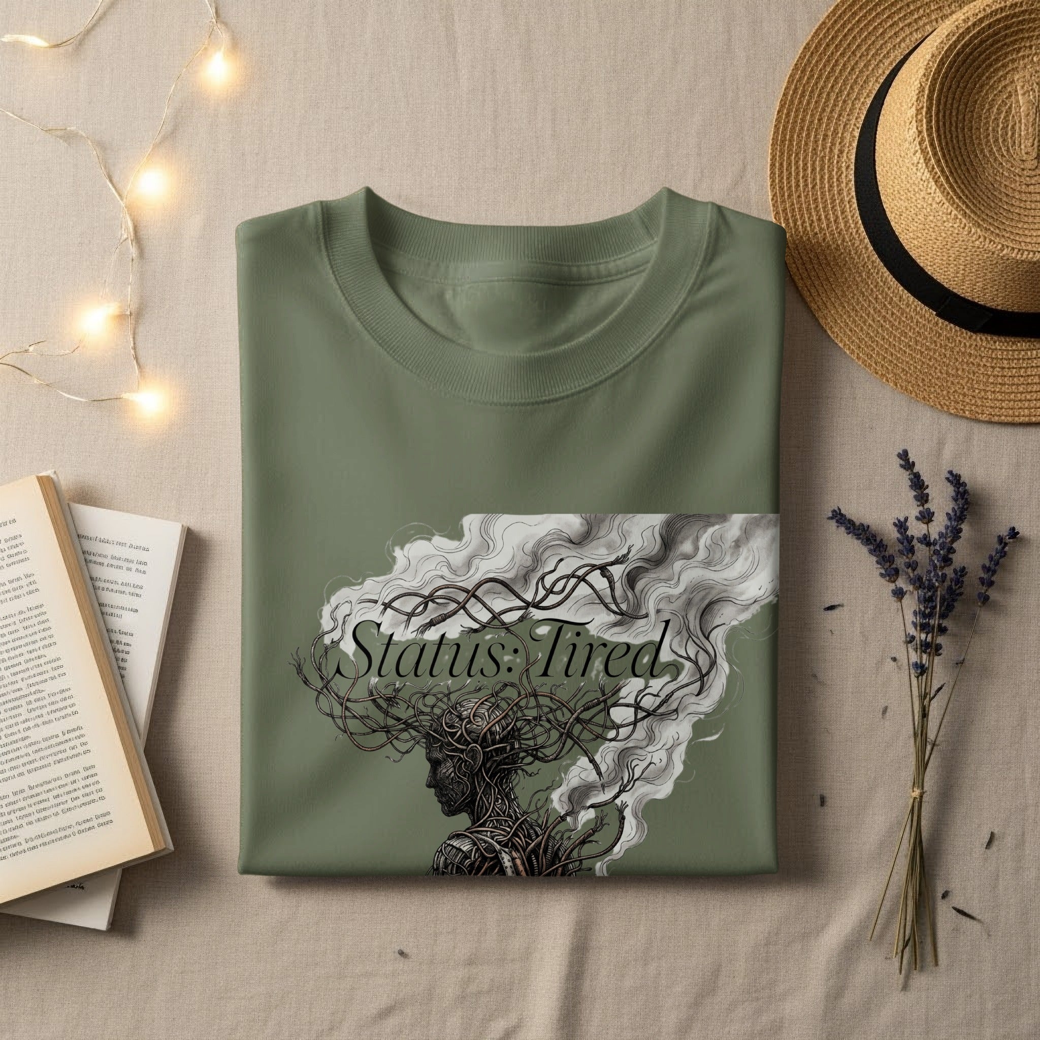 Olive green t-shirt with "Status: Tired" graphic of a profile with tangled hair and smoke.