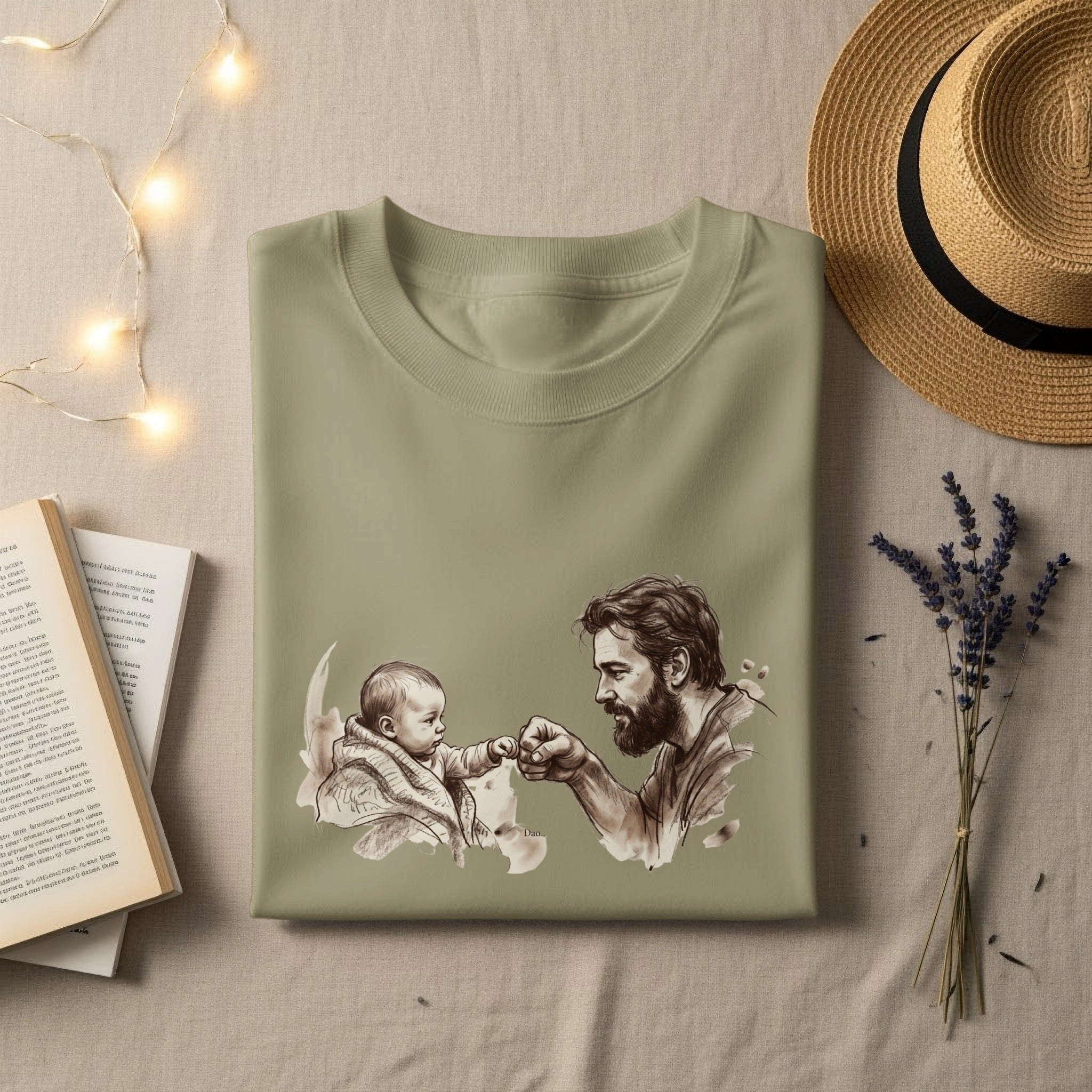 T-shirt with father and baby fist bump illustration.