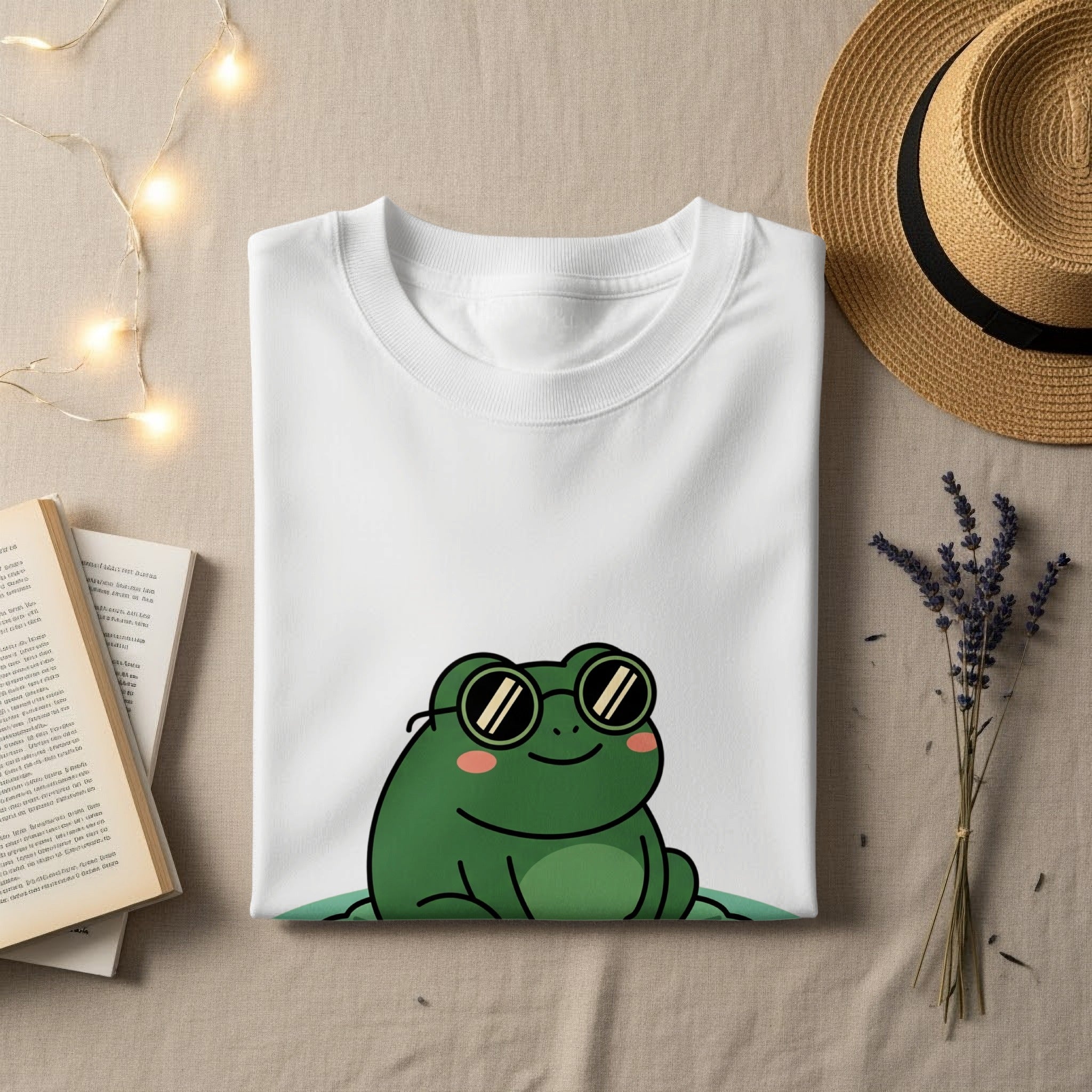 White t-shirt with a smiling green frog wearing sunglasses.