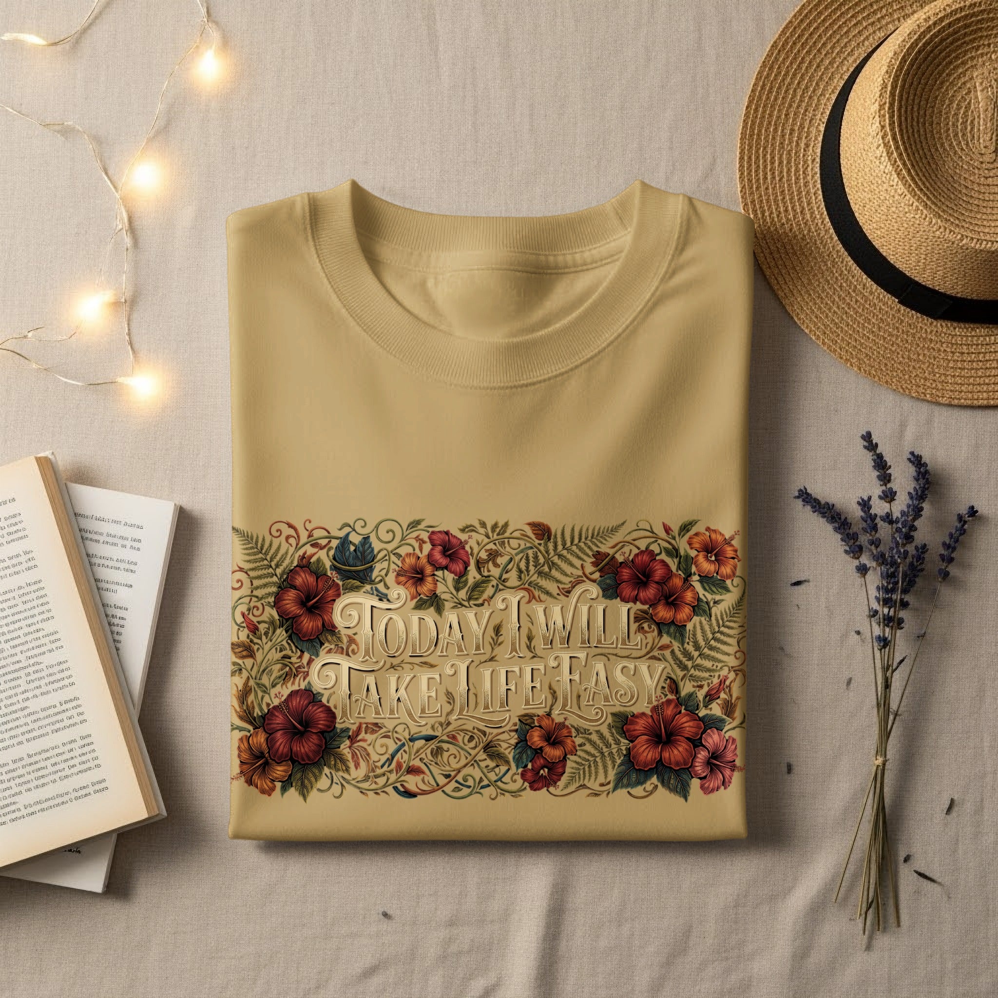 Tan t-shirt with "Today I Will Take Life Easy" floral text design.