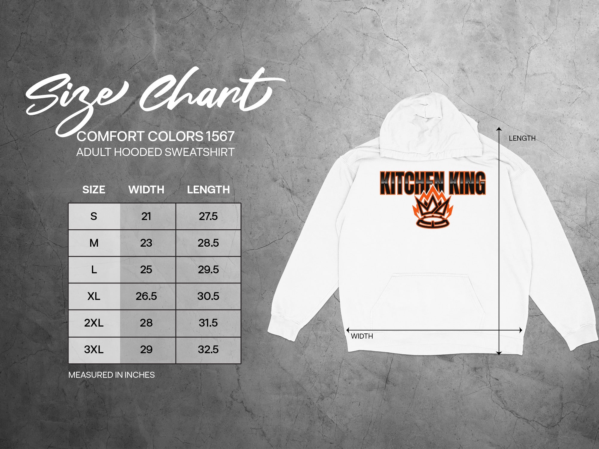 Size chart for Comfort Colors 1567 adult hooded sweatshirt.
