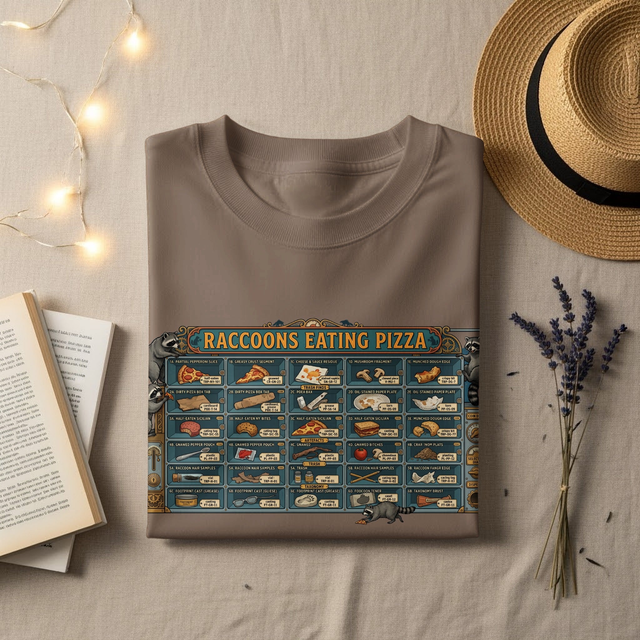 Raccoons eating pizza diagram on a taupe t-shirt.