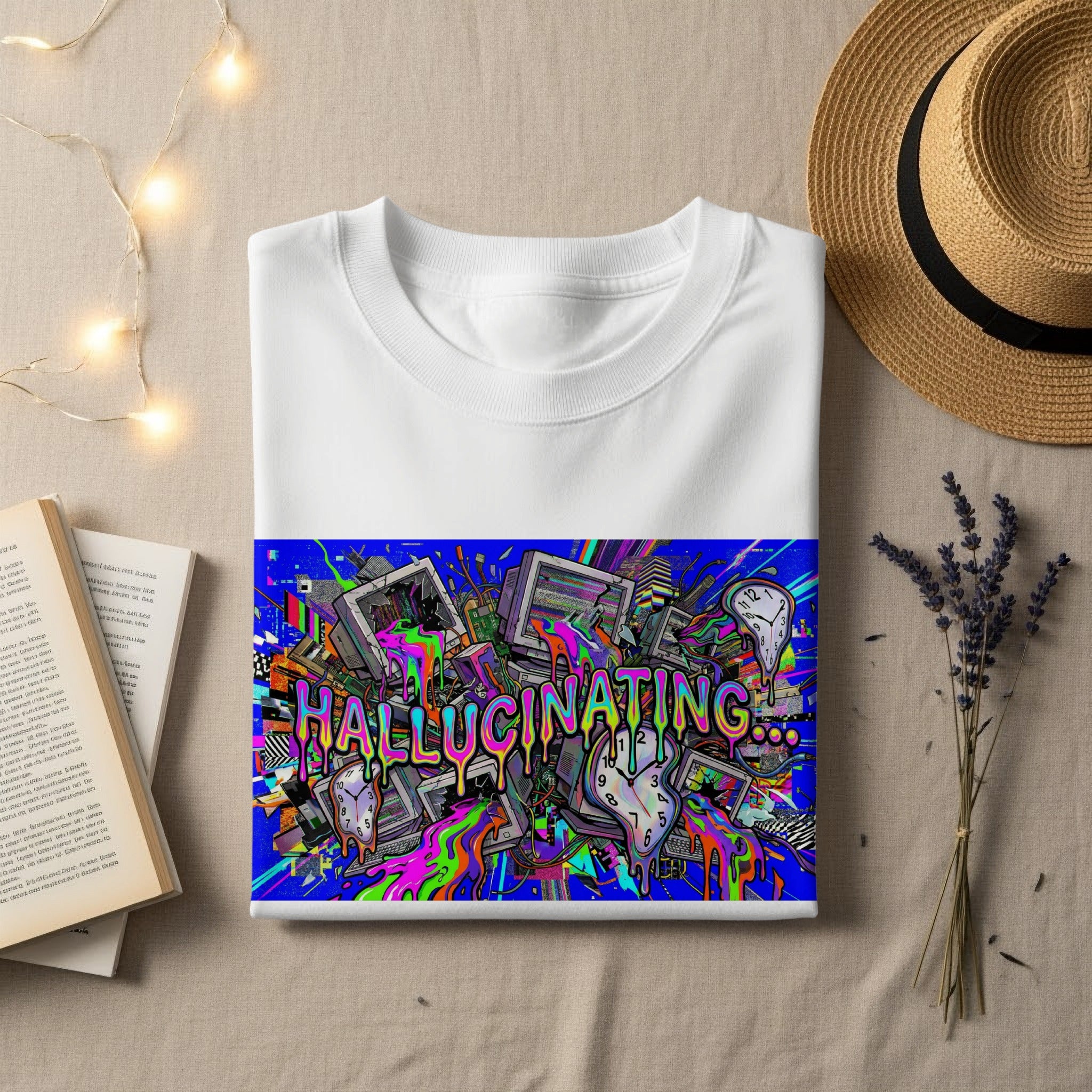 White t-shirt with "HALLUCINATING" text and a chaotic, colorful, digital art design.