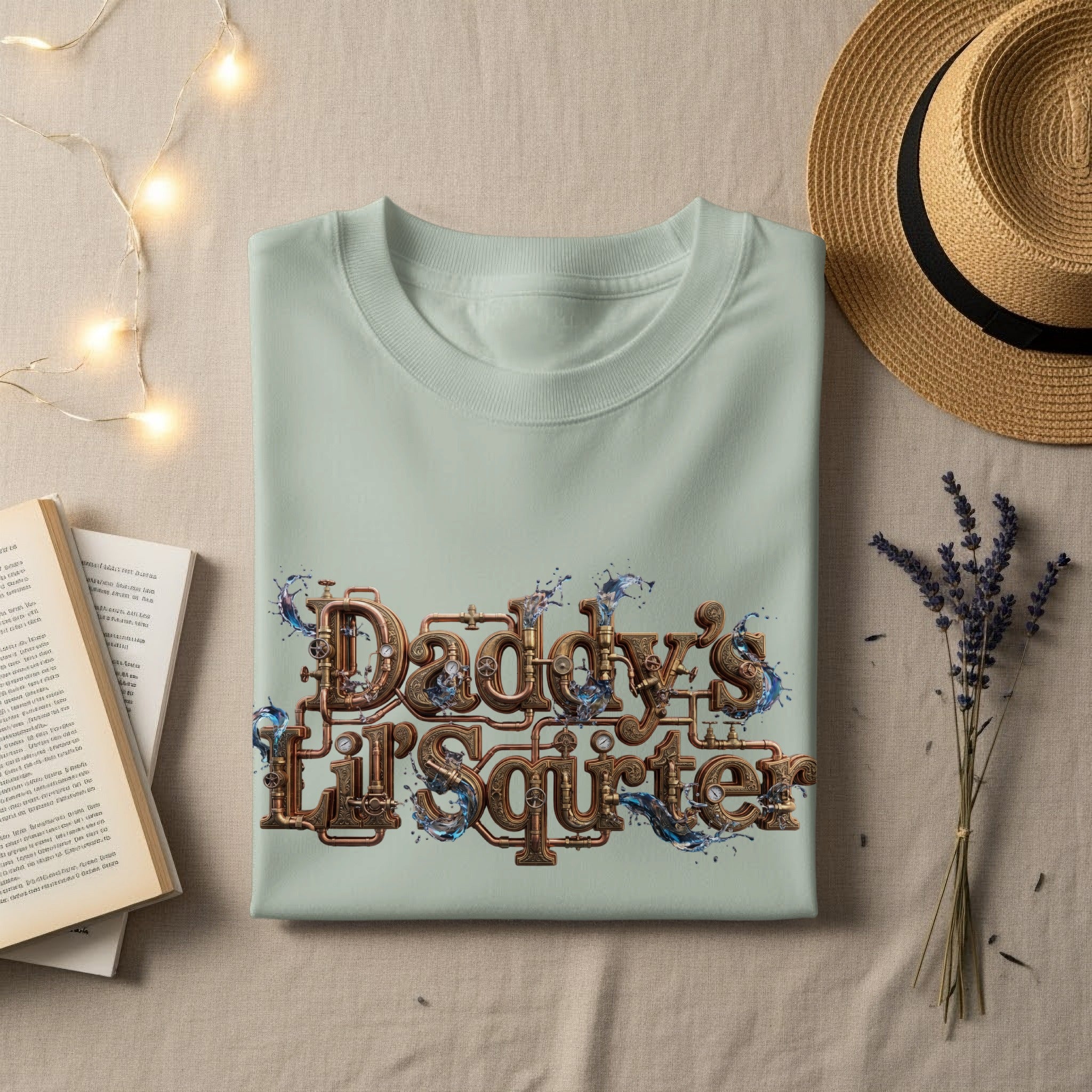 Pale green t-shirt with "Daddy's Li'Squirter" steampunk design.