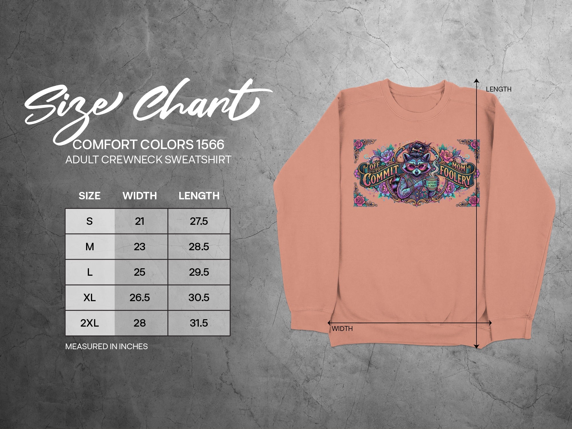 Size chart for Comfort Colors 1566 adult crewneck sweatshirt.