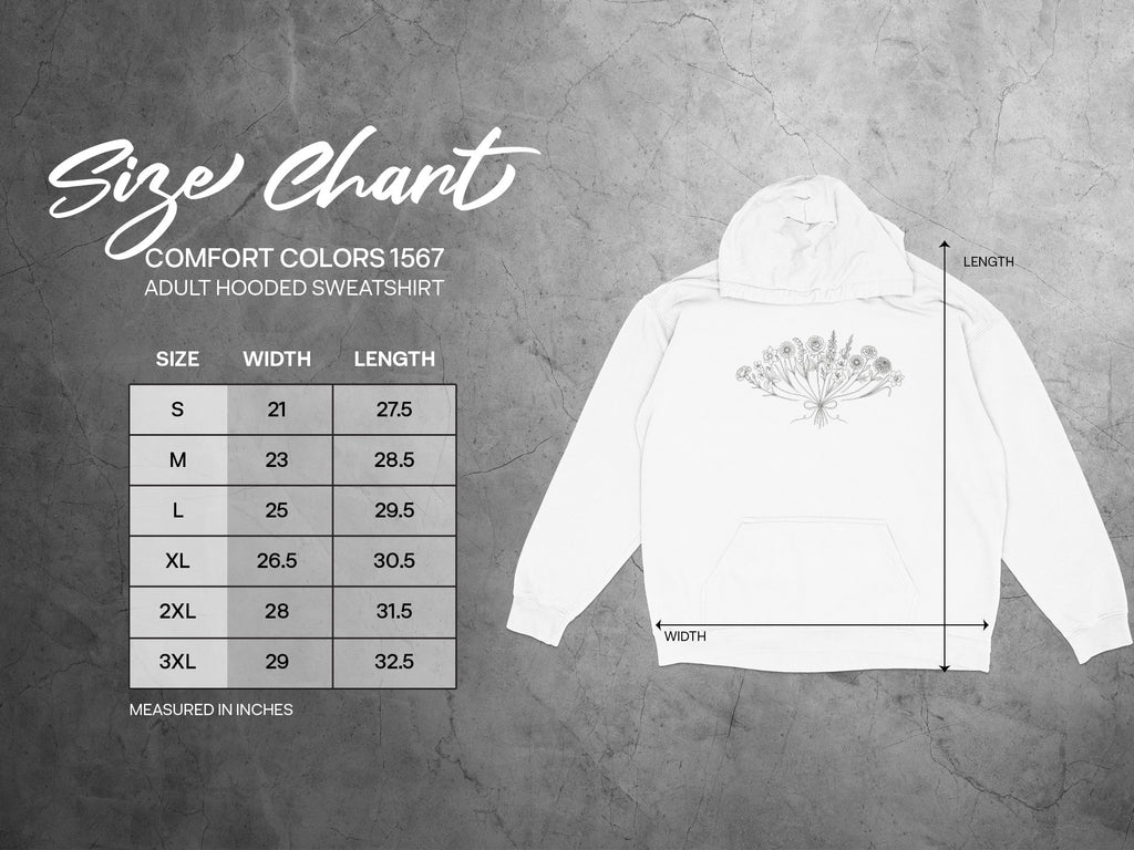 Comfort Colors 1567 adult hooded sweatshirt size chart.