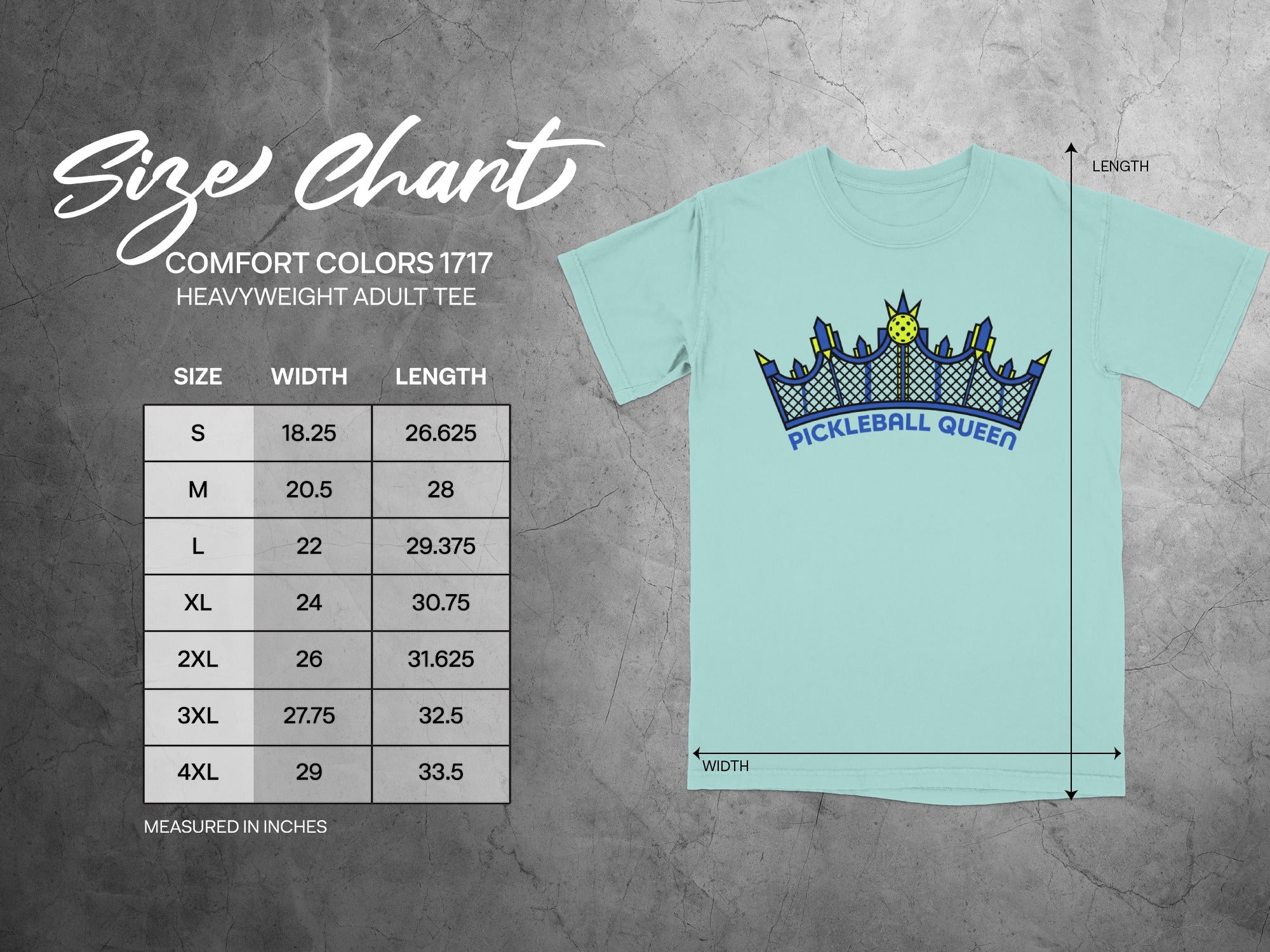 Comfort Colors 1717 heavyweight tee size chart with "Pickleball Queen" graphic.