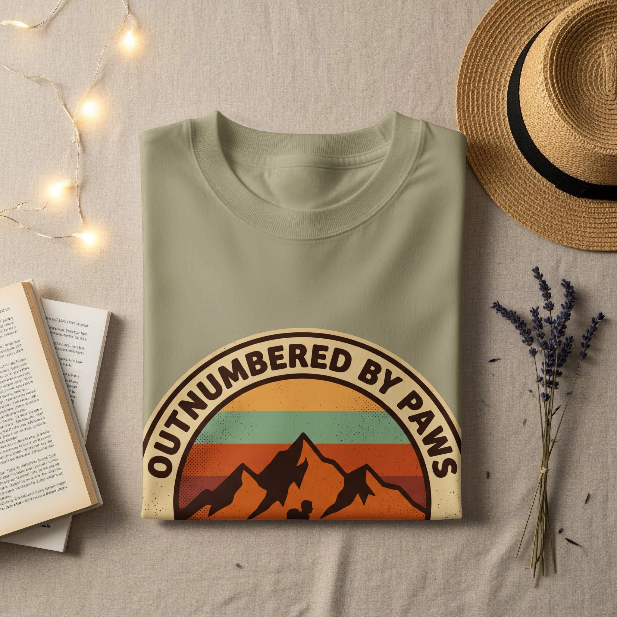 Tan t-shirt with "OUTNUMBERED BY PAWS" in a retro mountain graphic.