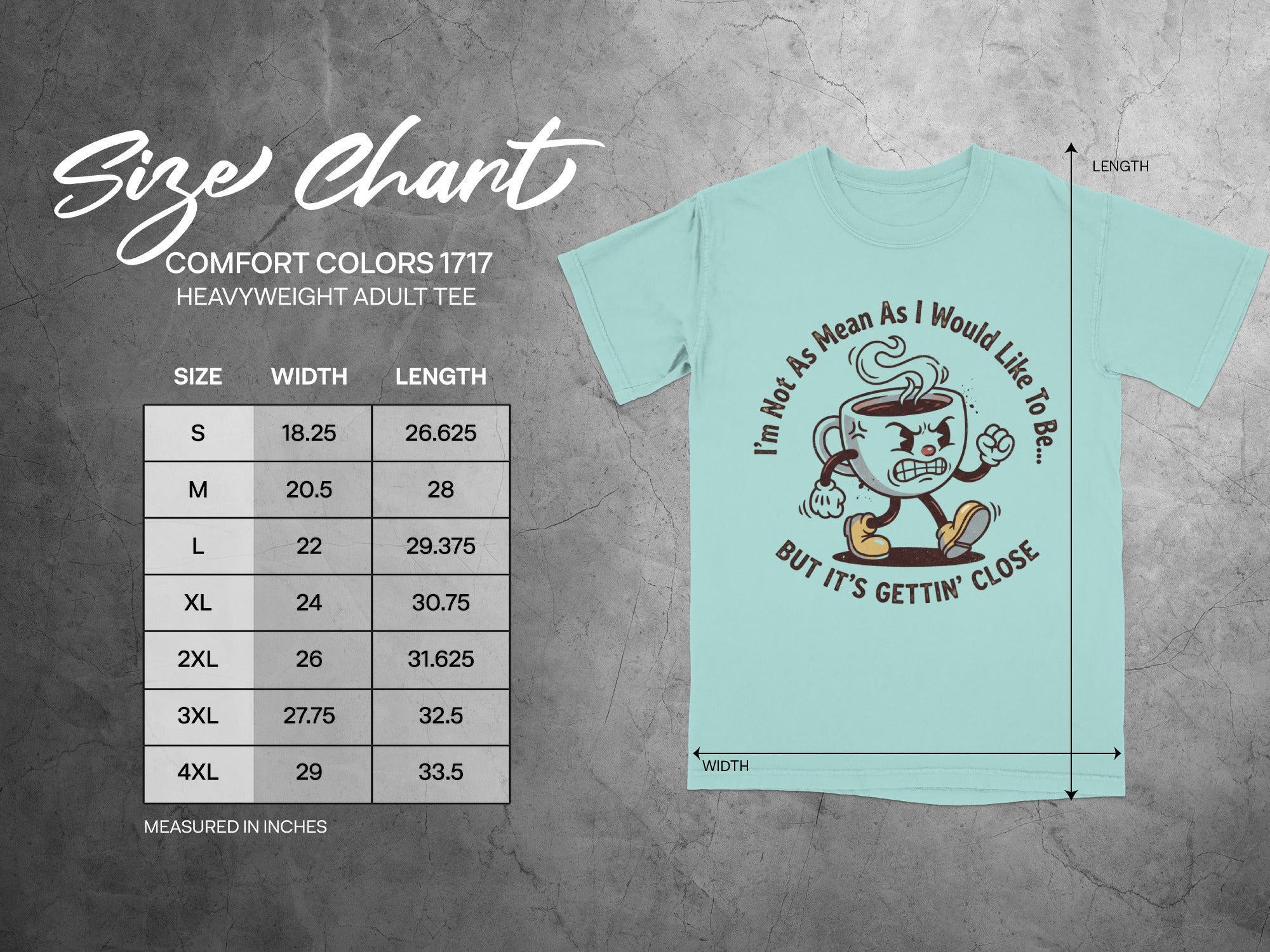 Comfort Colors 1717 heavyweight adult t-shirt size chart with graphics.