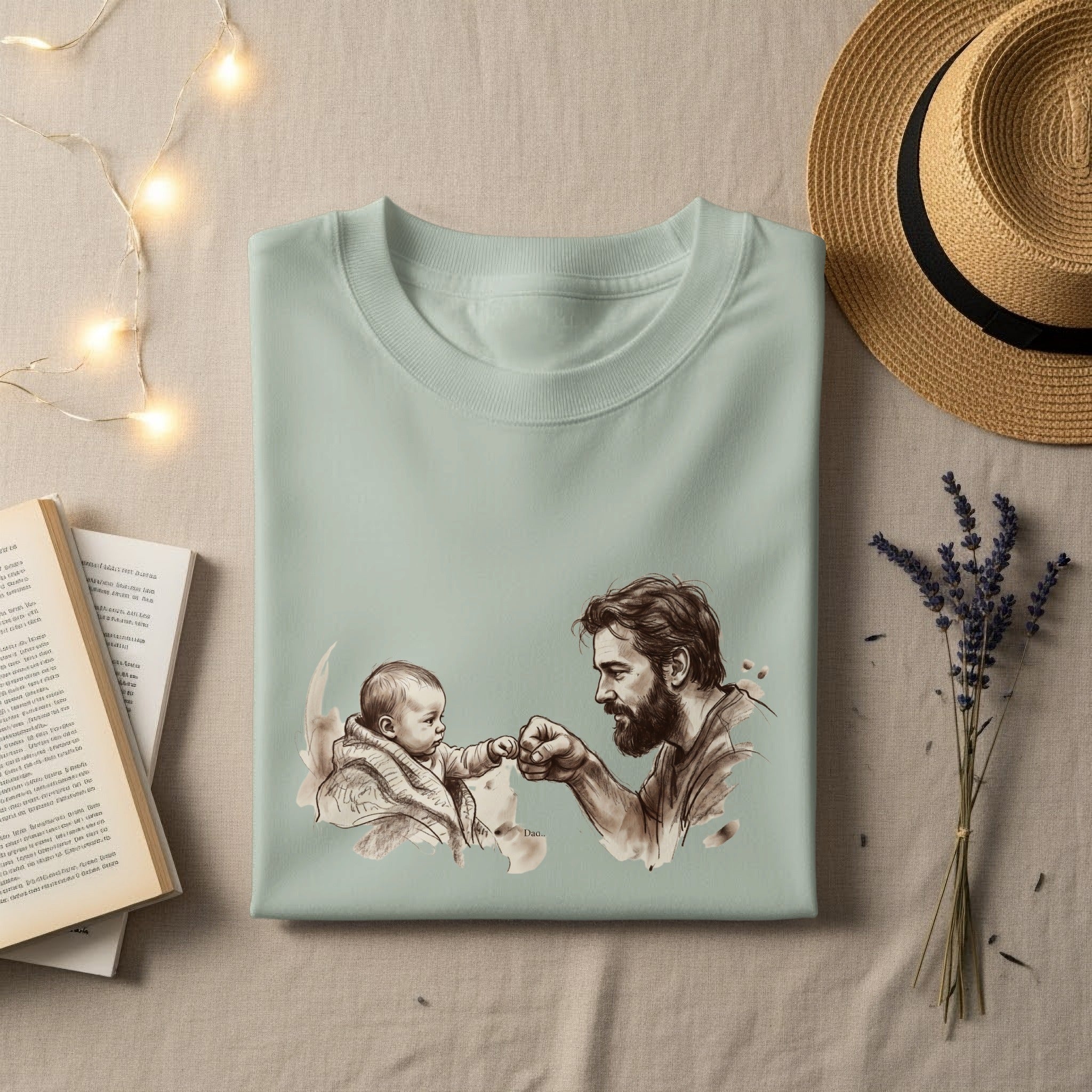 T-shirt with sketch of father and baby fist-bumping.
