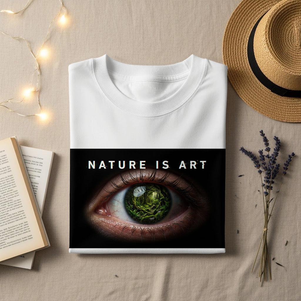 White t-shirt with "NATURE IS ART" text and a surreal eye graphic.