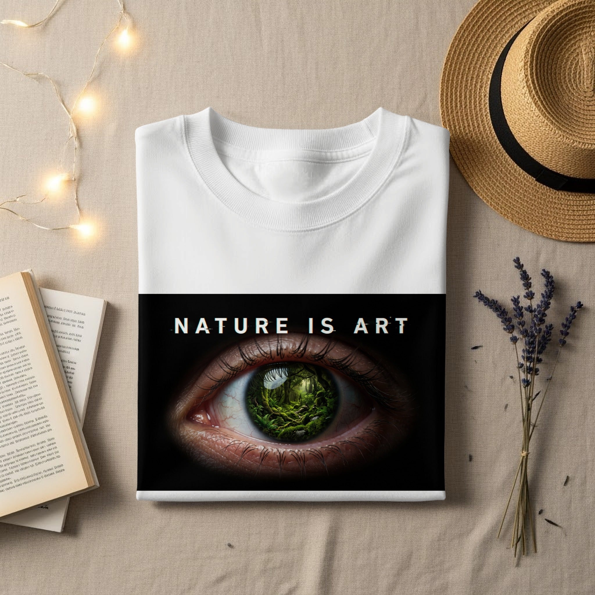 White t-shirt with "NATURE IS ART" text and a surreal eye graphic.