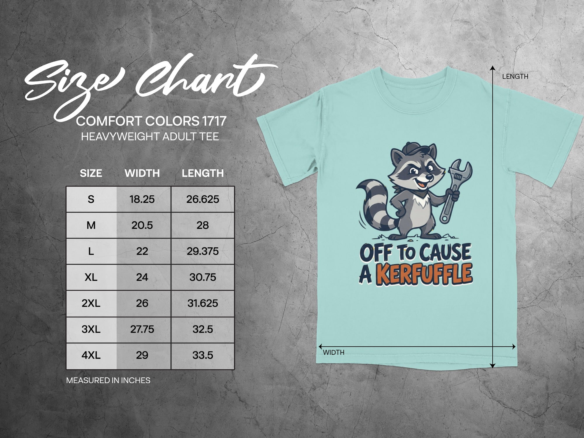 Size chart for Comfort Colors 1717 heavyweight adult tee with raccoon graphic.
