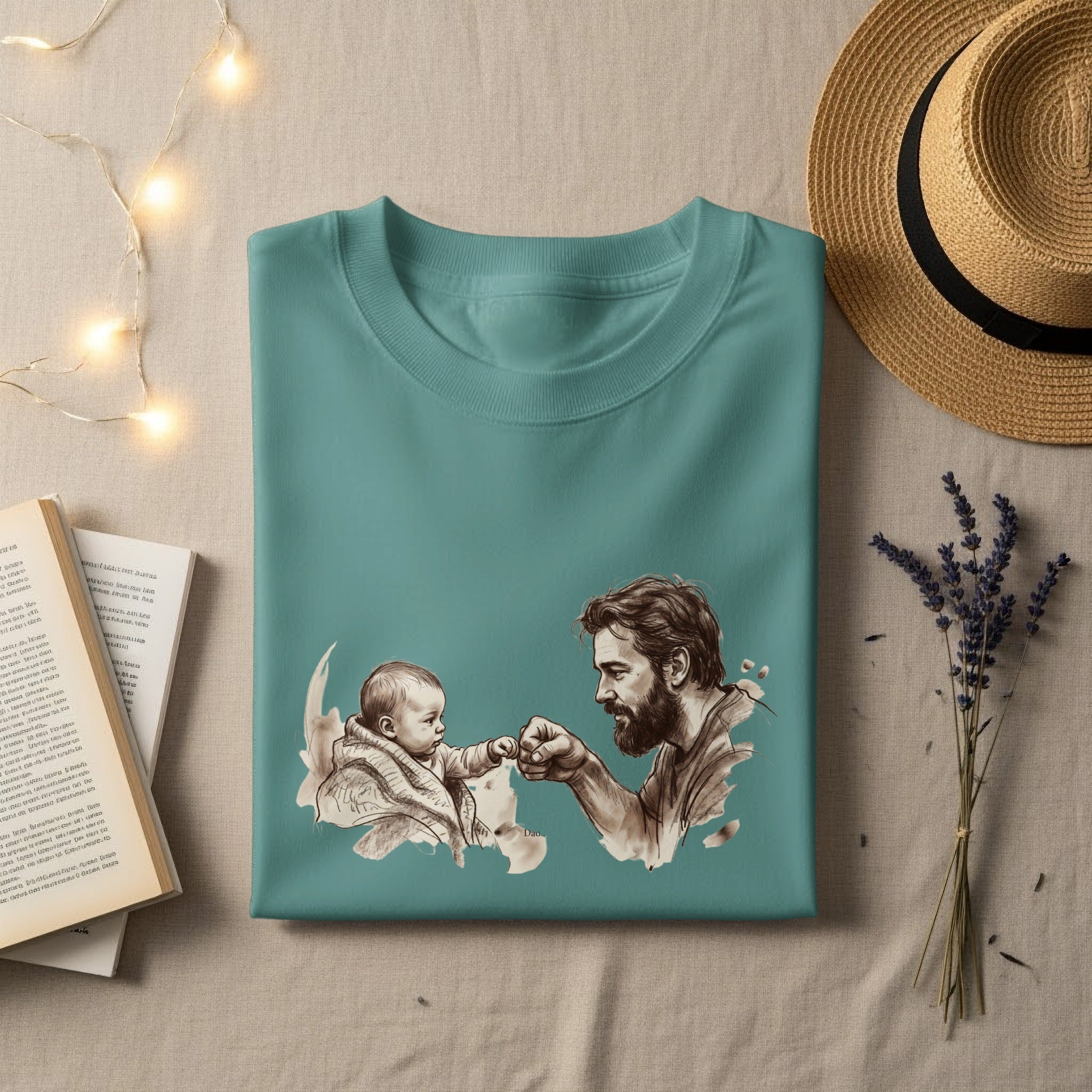 Man and baby fisting bump on a teal t-shirt, with hat and book.