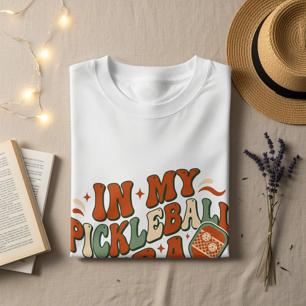 White t-shirt with "IN MY PICKLEBALL" text and a pickleball paddle.