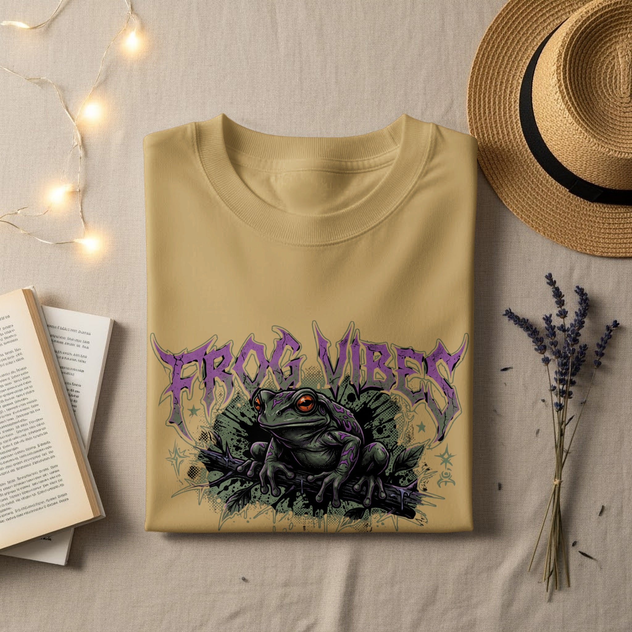 Beige t-shirt with "FROG VIBES" text and a frog graphic.