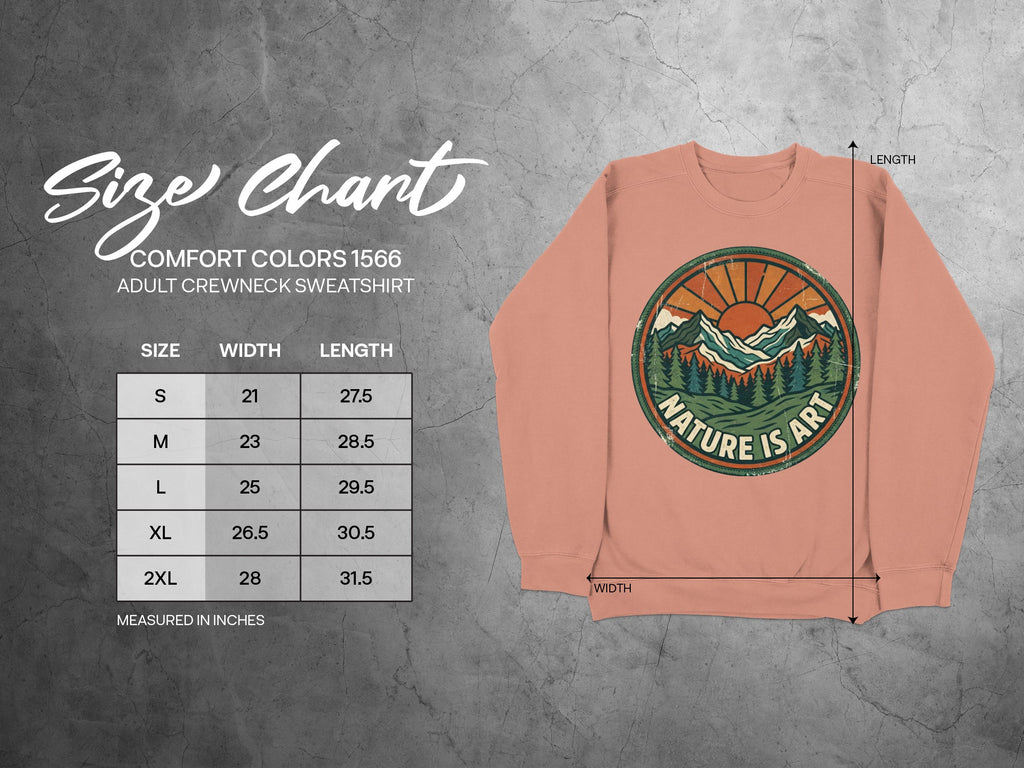 Comfort Colors 1566 adult sweatshirt size chart with dimensions in inches.