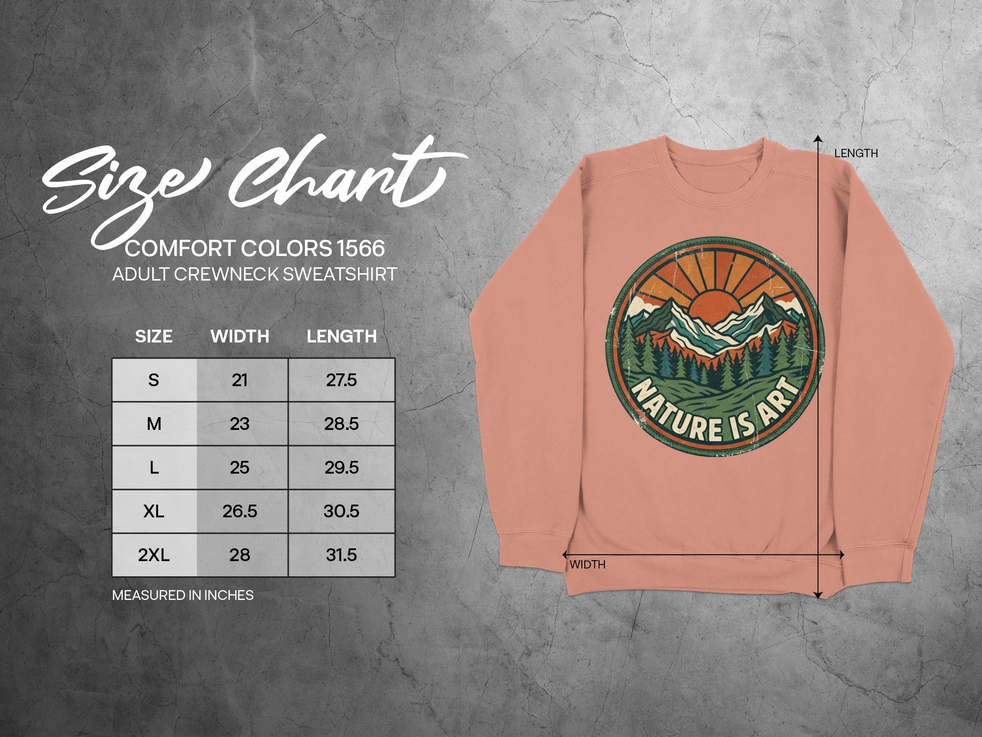 Comfort Colors 1566 adult sweatshirt size chart with dimensions in inches.