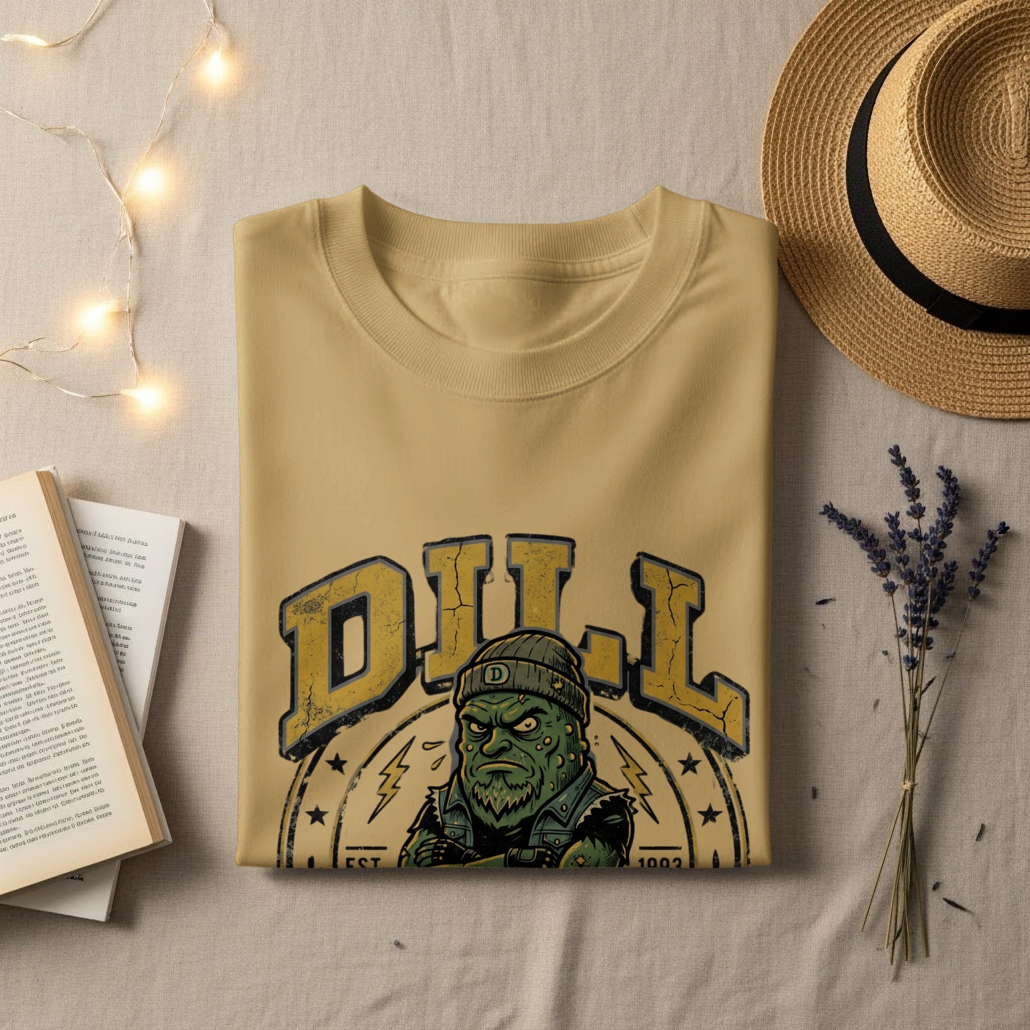 Light tan t-shirt with "DILL" graphic featuring a grumpy pickle character.
