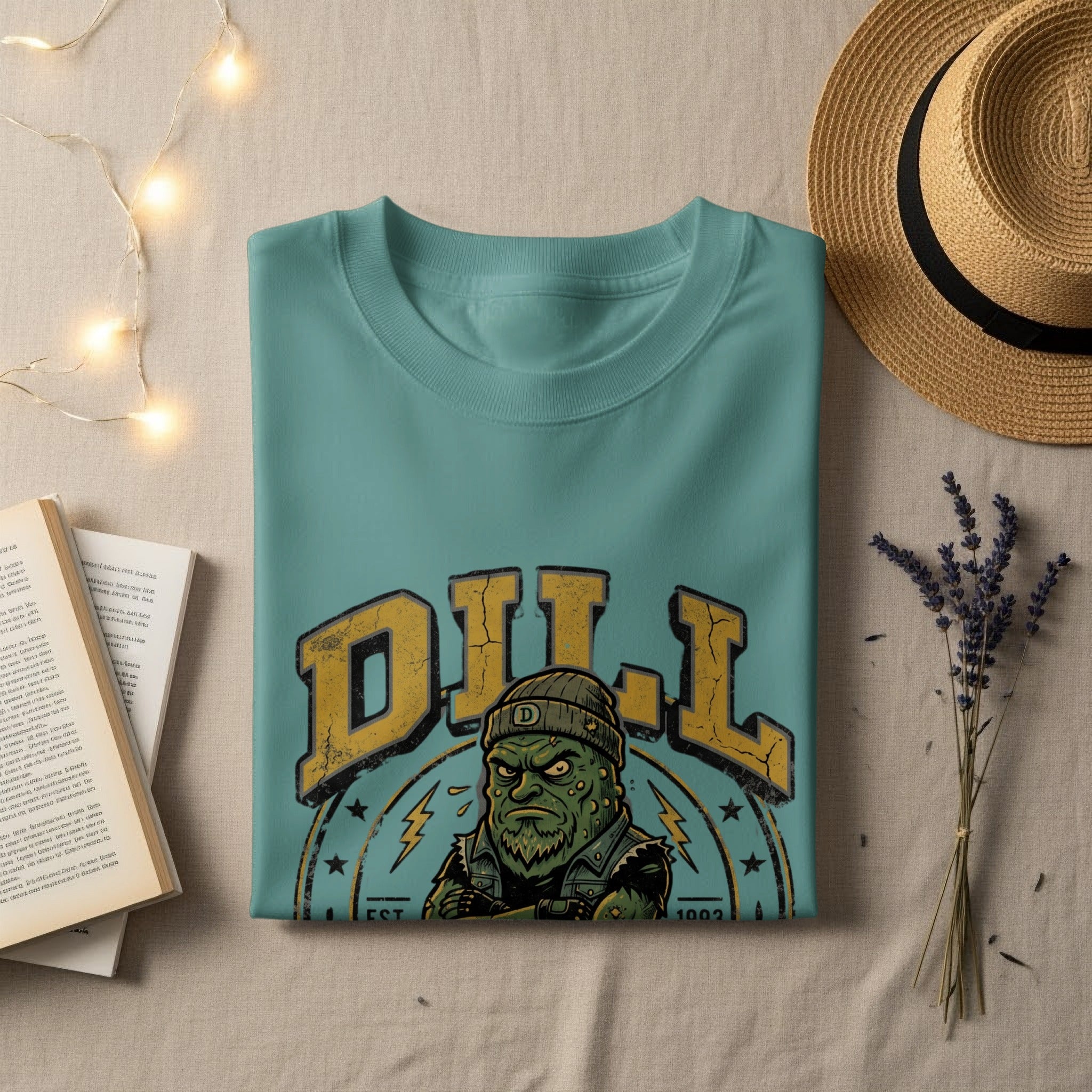 Teal t-shirt with "DILL EST 1902" text and cartoon pickle character.