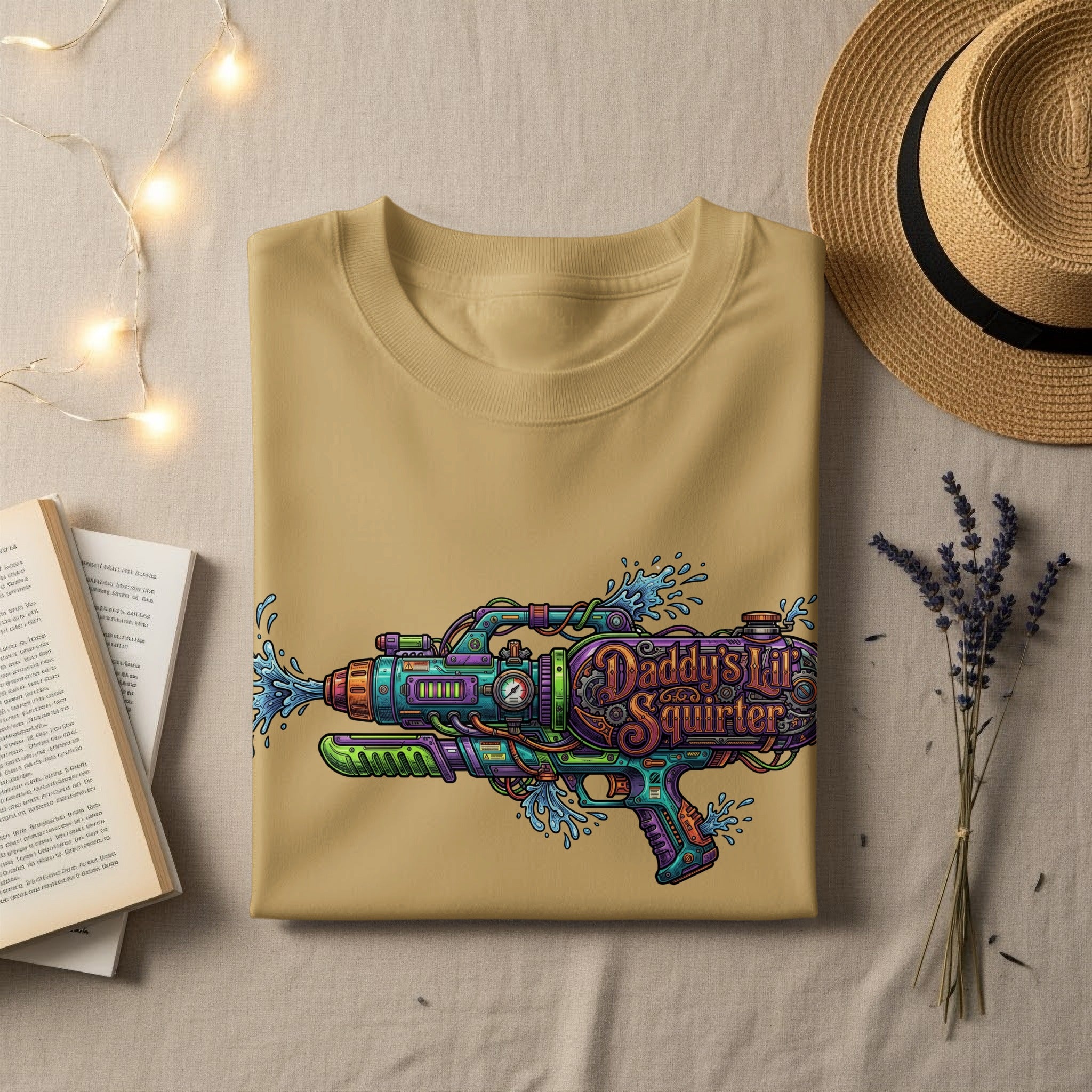 Tan t-shirt featuring a colorful "Daddy's Lil' Squirtgun" water gun graphic.