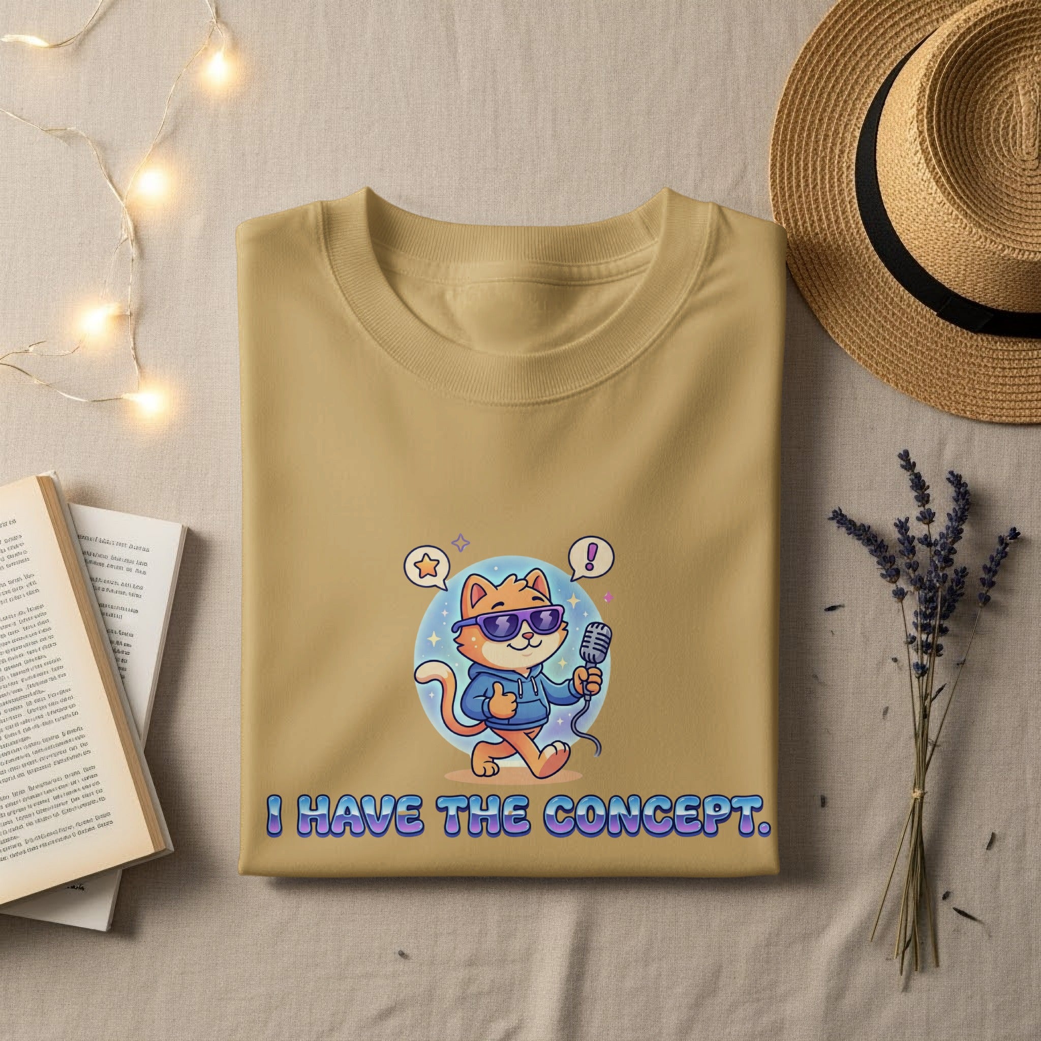 Tan t-shirt with a cartoon cat wearing sunglasses holding a microphone and saying "I HAVE THE CONCEPT."