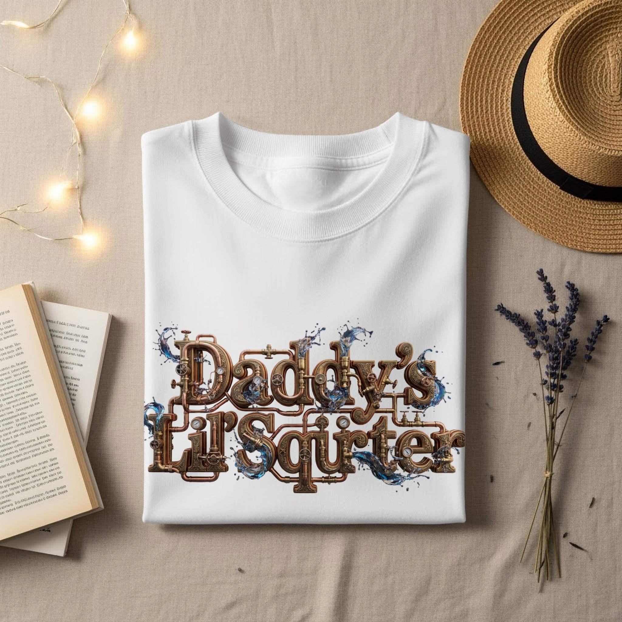 White sweatshirt with "Daddy's Firstsquirter" text, straw hat and lavender.