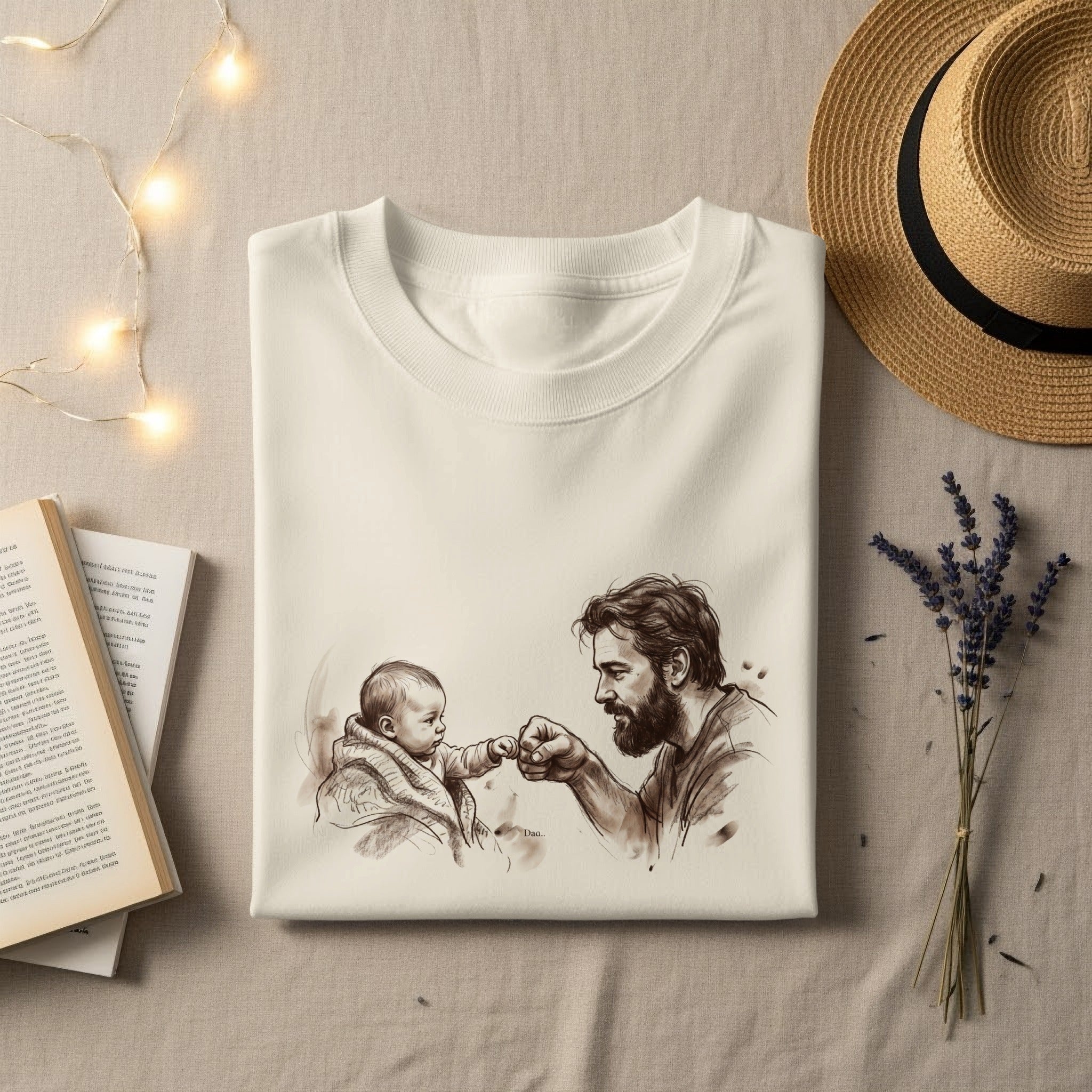 Sketch of father and baby fist-bumping on a cream t-shirt.