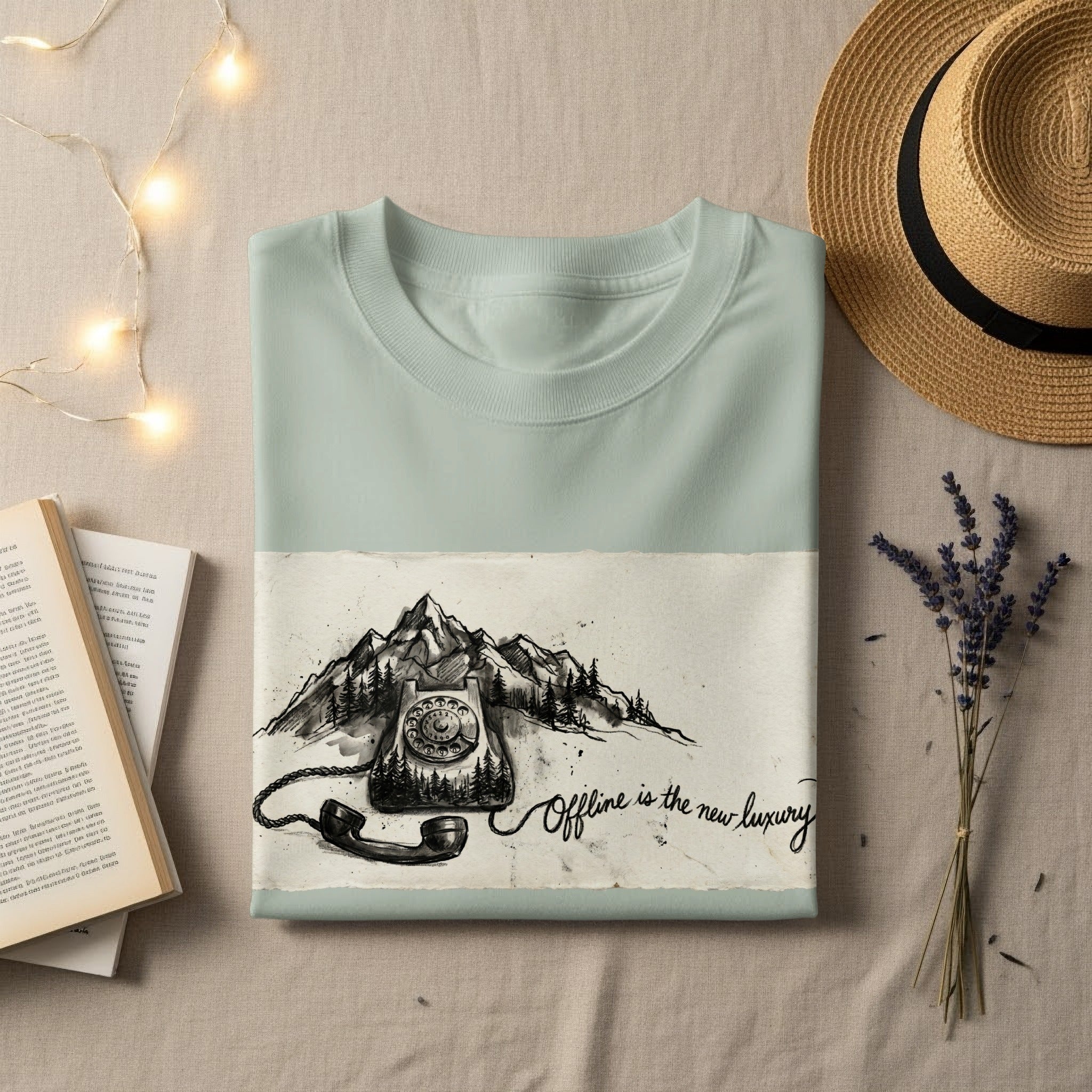Light green t-shirt with "Offline is the new luxury" slogan and vintage telephone graphic.
