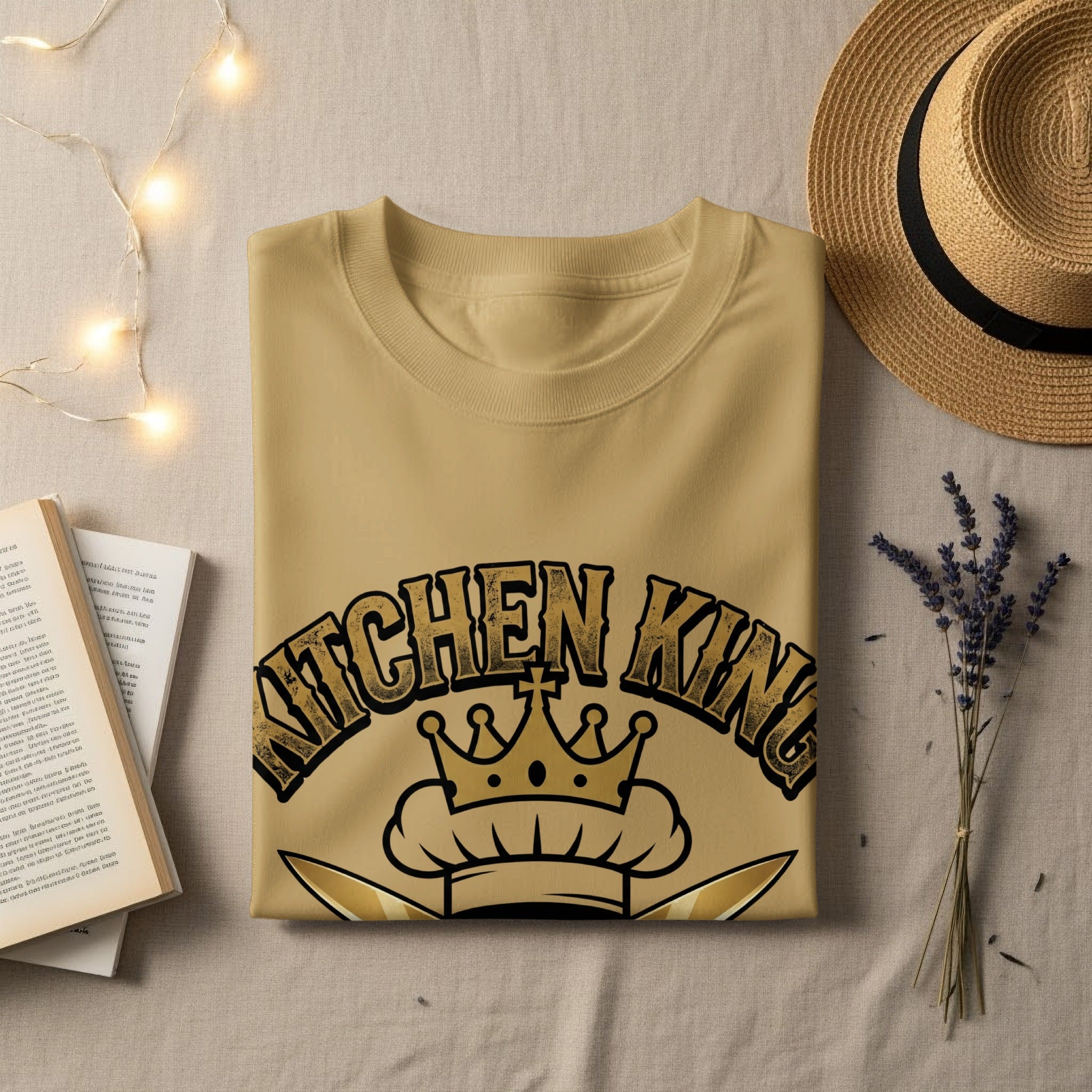 T-shirt with "Kitchen King" text, crown, and chef hat design.