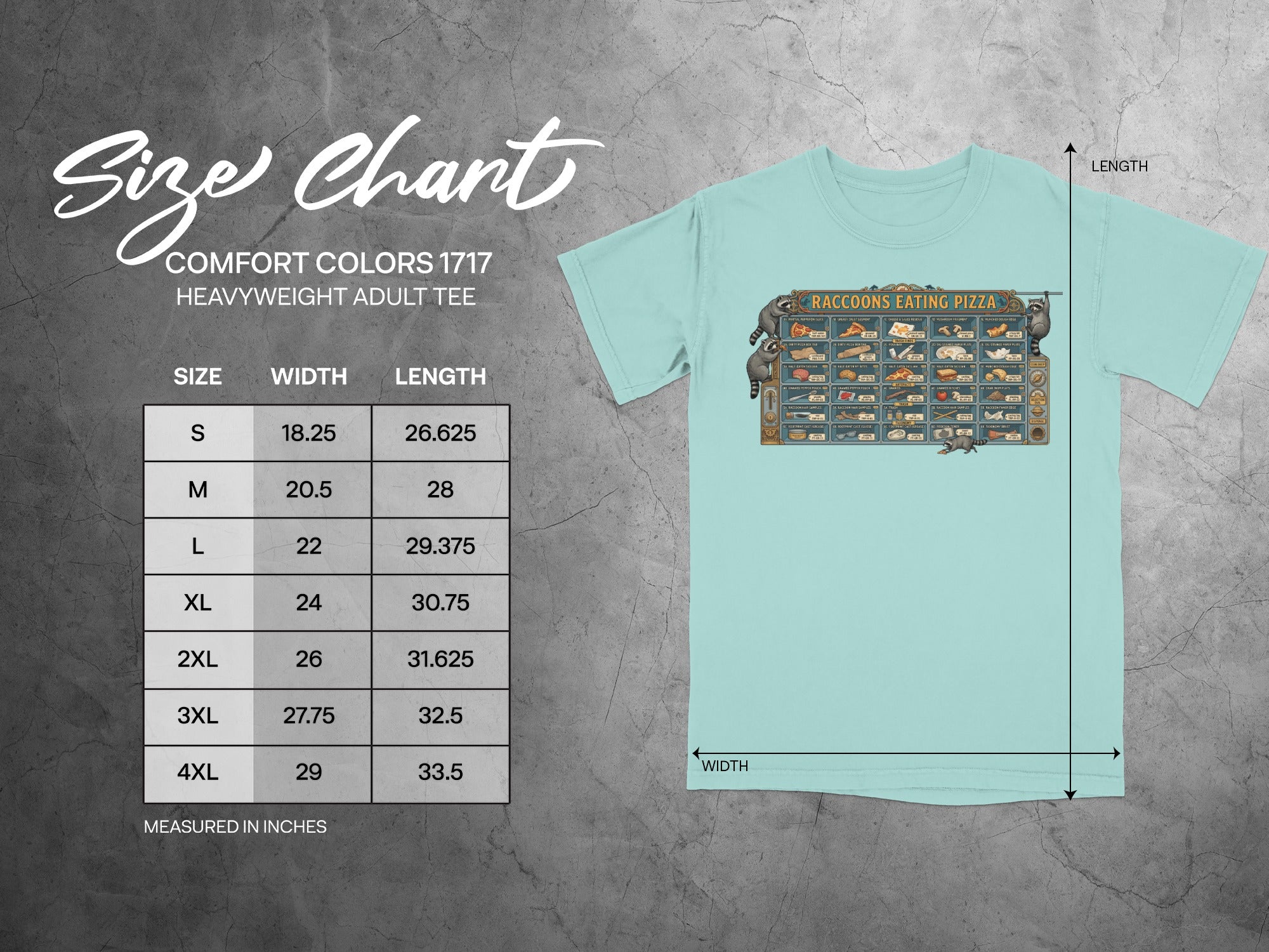 Comfort Colors 1717 heavyweight tee size chart with raccoon pizza graphic.