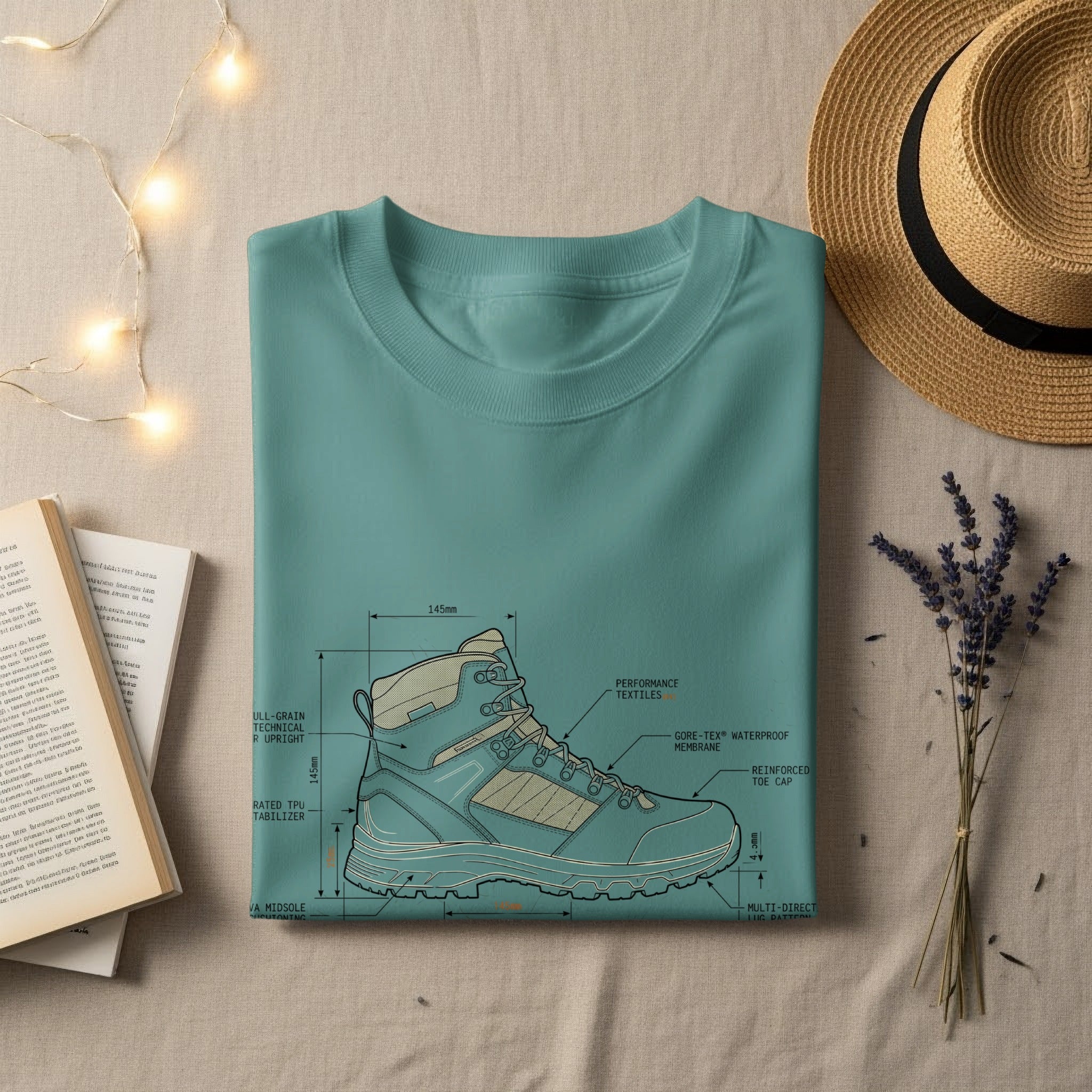 Teal t-shirt with diagram of a hiking boot's construction.