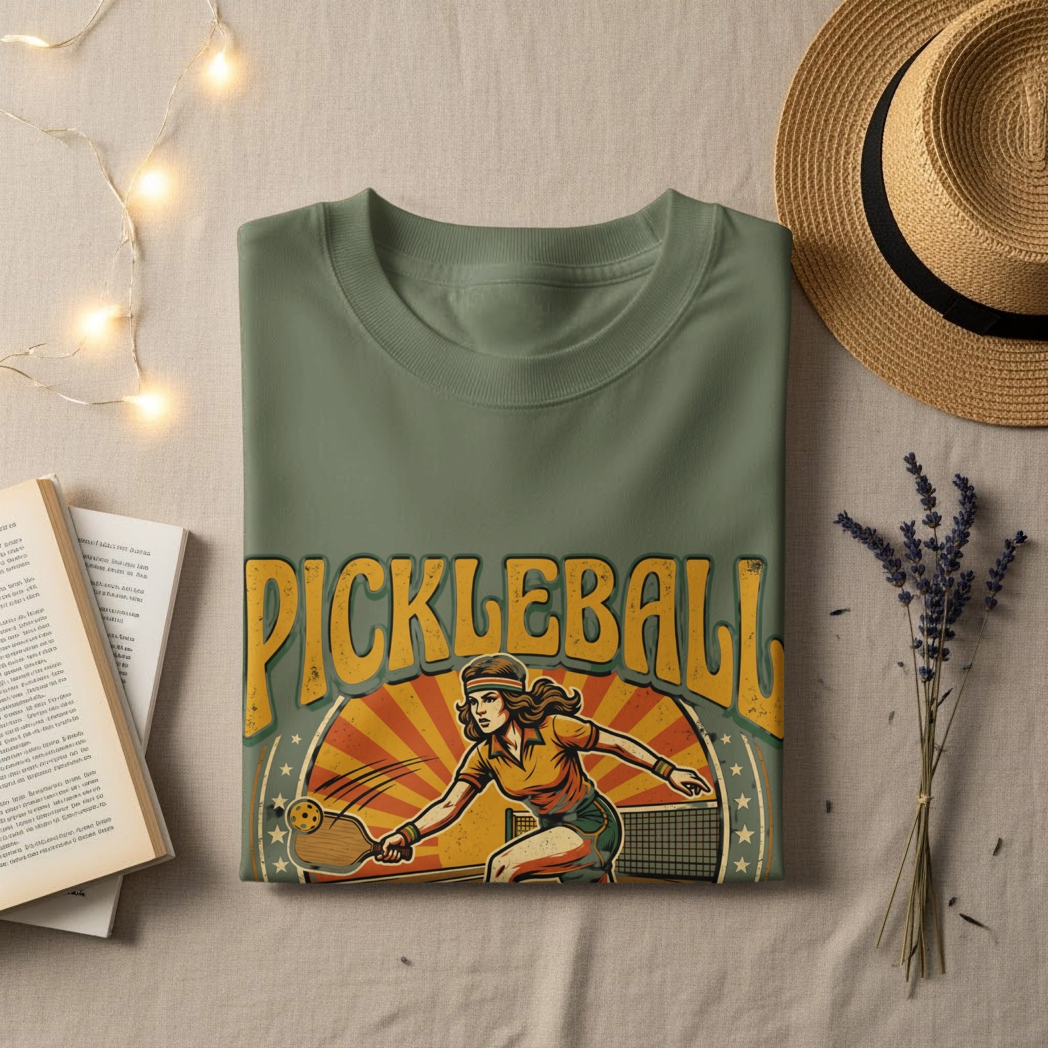 Olive t-shirt with "Pickleball" text and woman playing pickleball graphic.