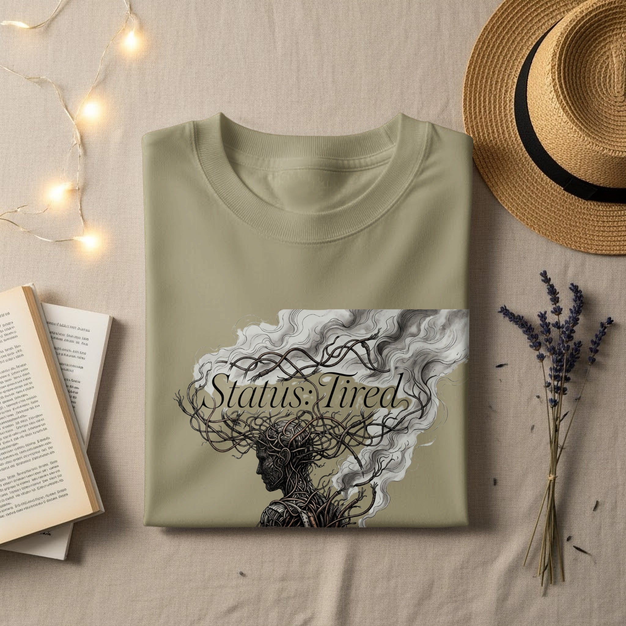 Olive green t-shirt with "Status: Tired" and an abstract head graphic.