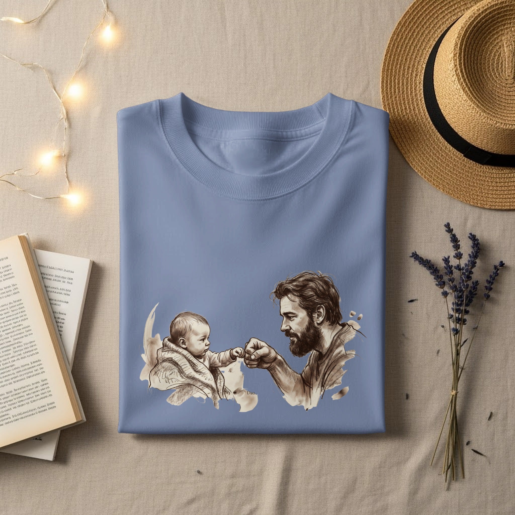 Dad and baby fist bumping in a watercolor-style graphic on a blue t-shirt.