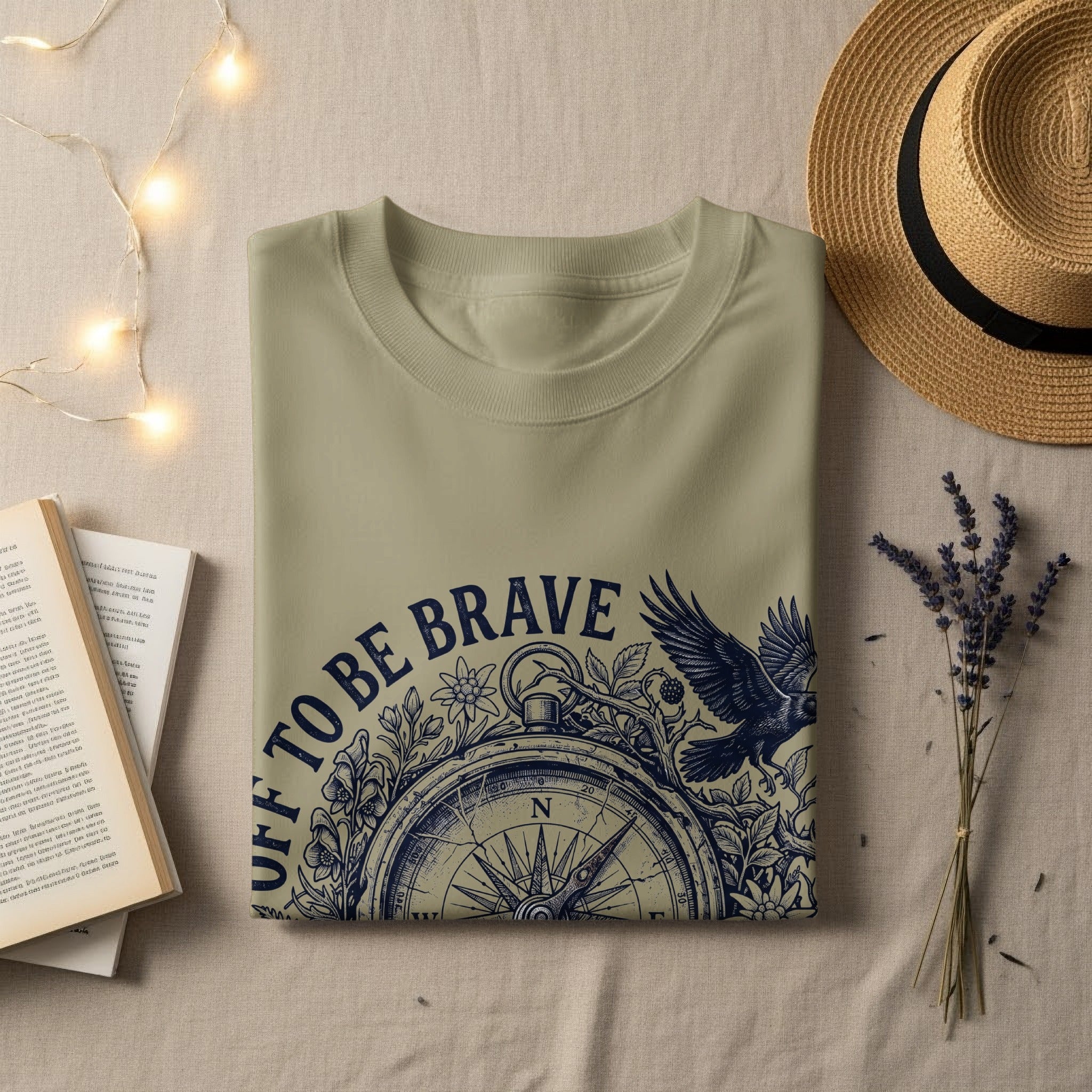Khaki t-shirt with "TO BE BRAVE" text and compass design.