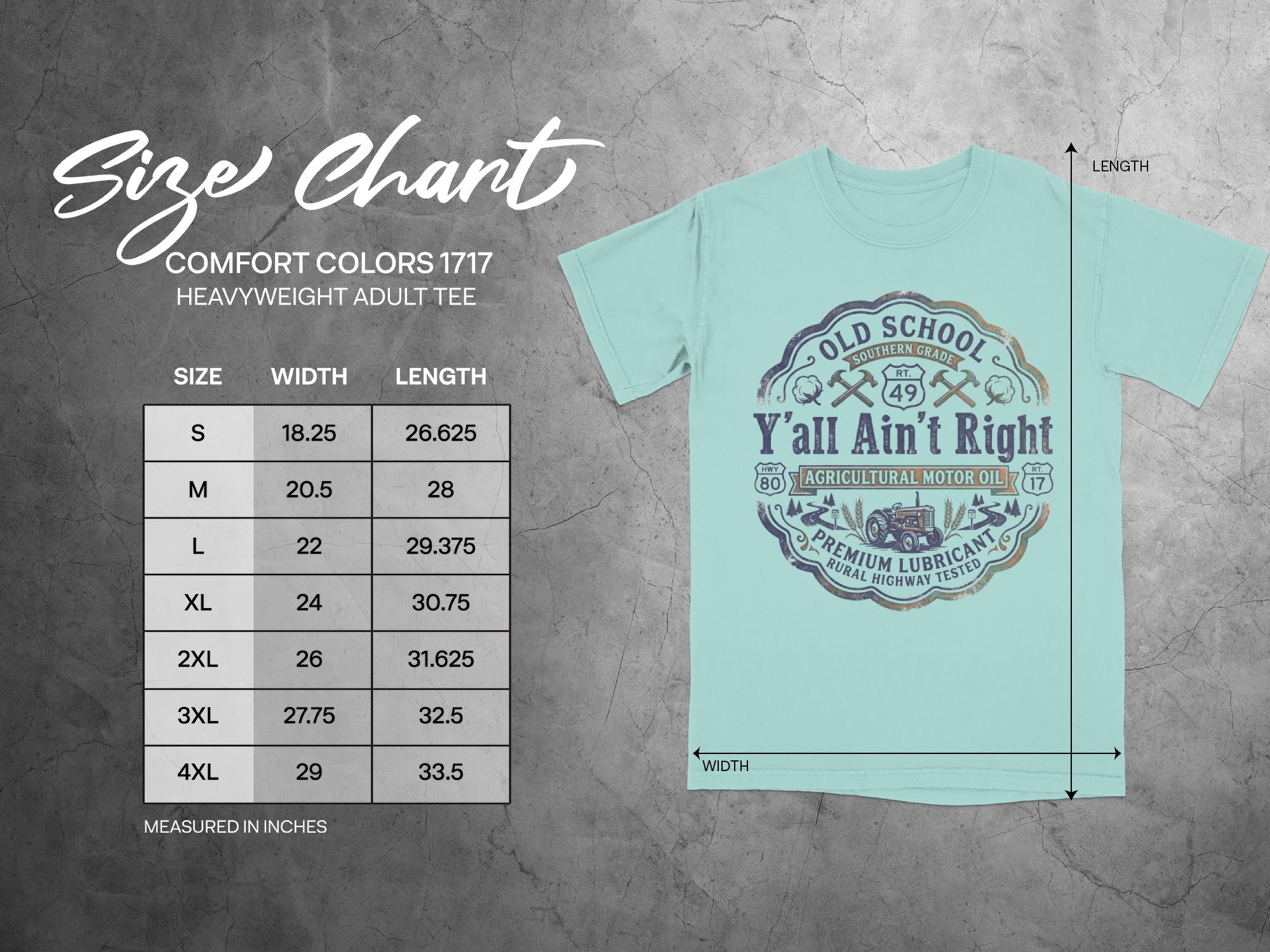 Size chart for Comfort Colors 1717 heavyweight adult tee with shirt graphic.
