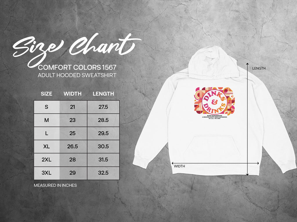 Size chart for Comfort Colors 1567 adult hooded sweatshirt.