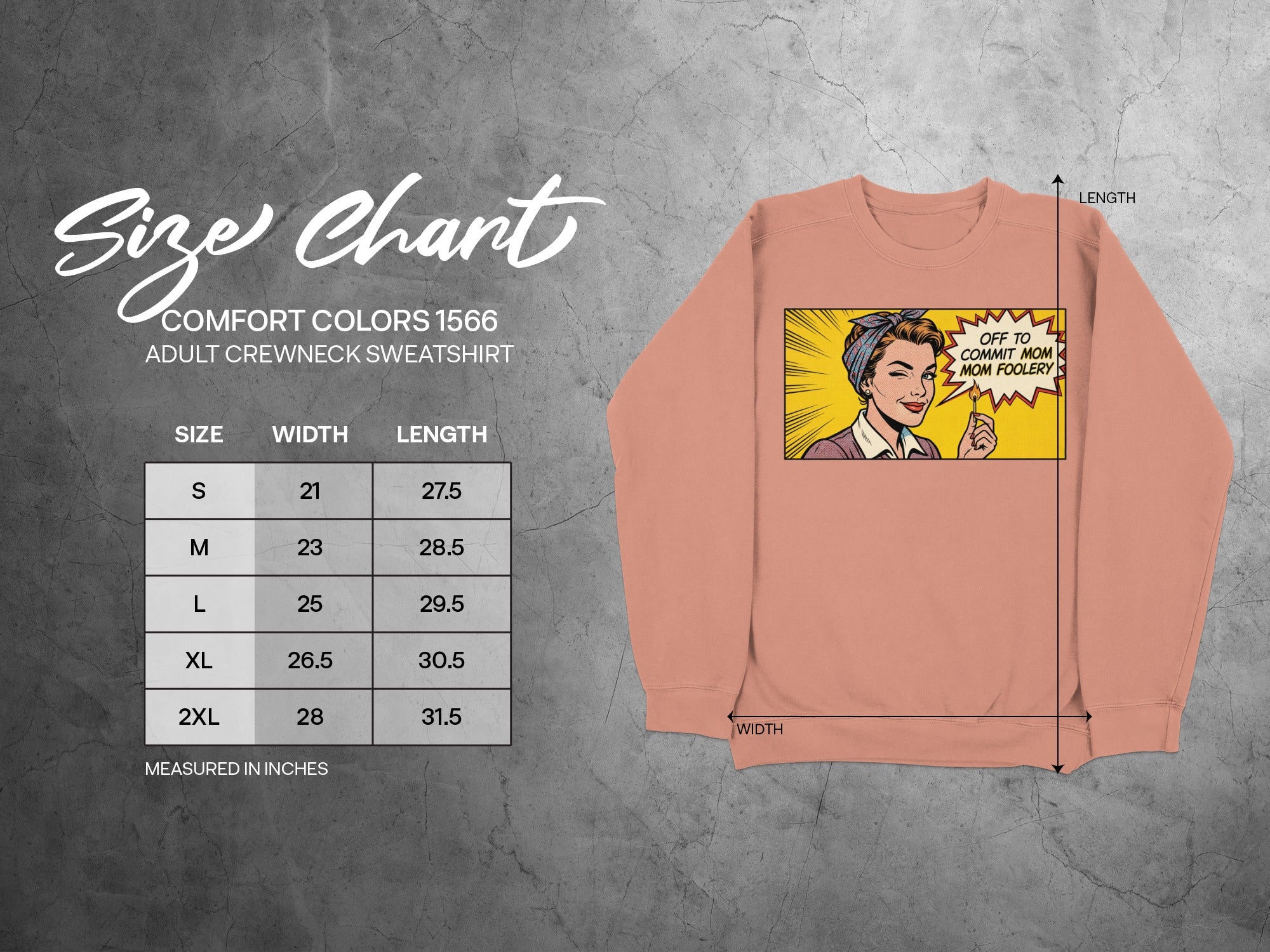 Size chart for a Comfort Colors 1566 adult crewneck sweatshirt.